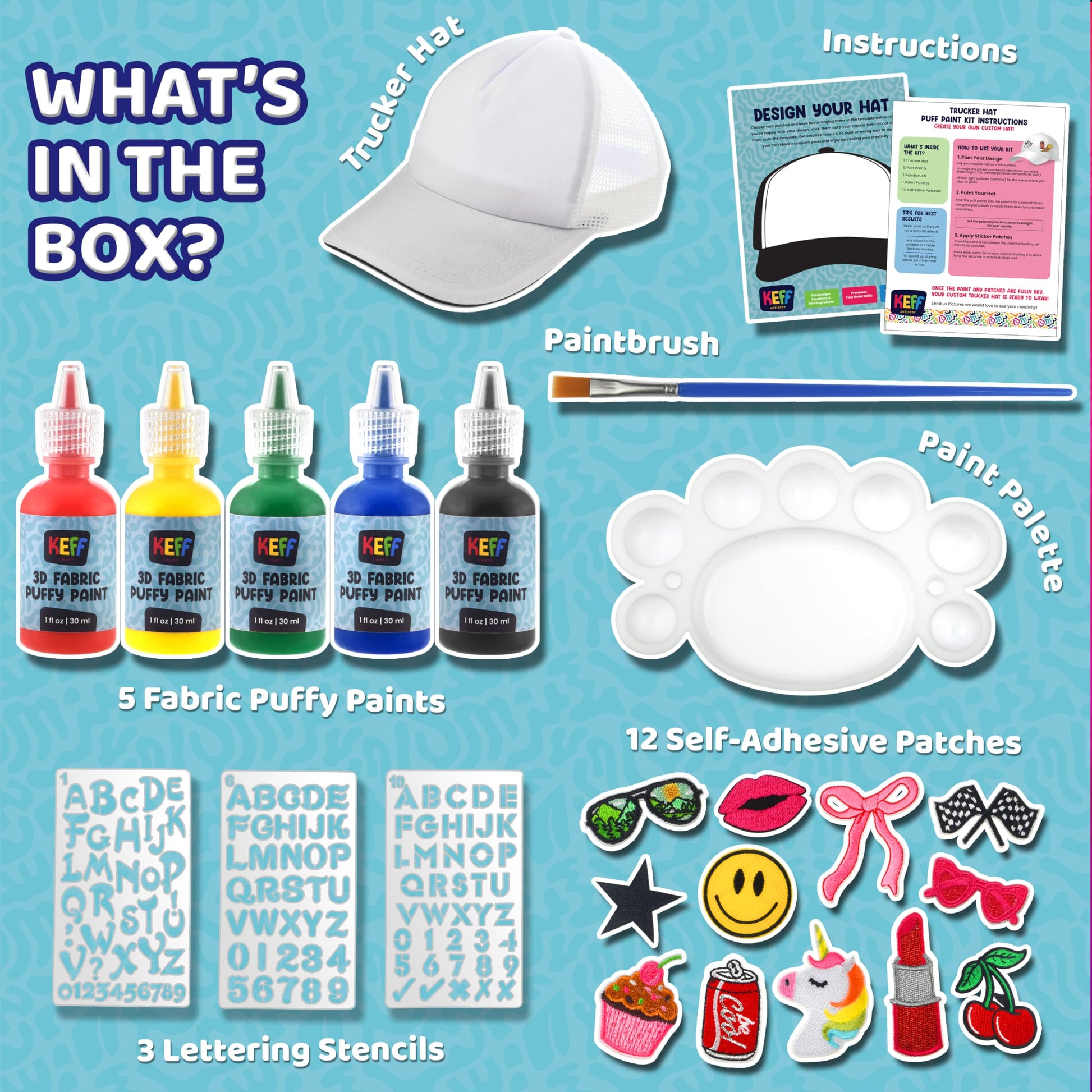 KEFF Decorate Your Own Blank Trucker Hat for Kids - Includes 1 Mesh-Back Cap, 12 Embroidered Patches (Stick on Patches), 5 Puff Paints, Paint Brush