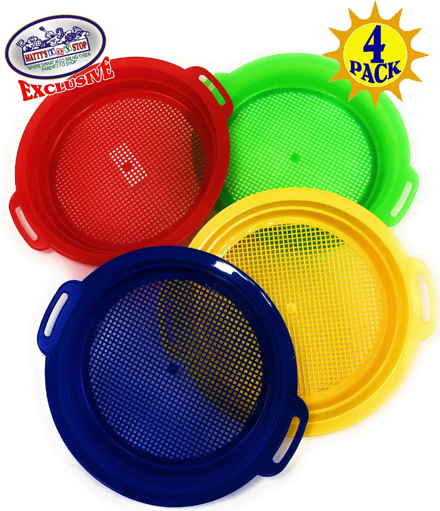 Matty's Toy Stop Sand Sifter Sieves for Sand & Beach (Red, Blue, Yellow & Green) Complete Gift Set Bundle - 4 Pack (8.75'' x 9.75")