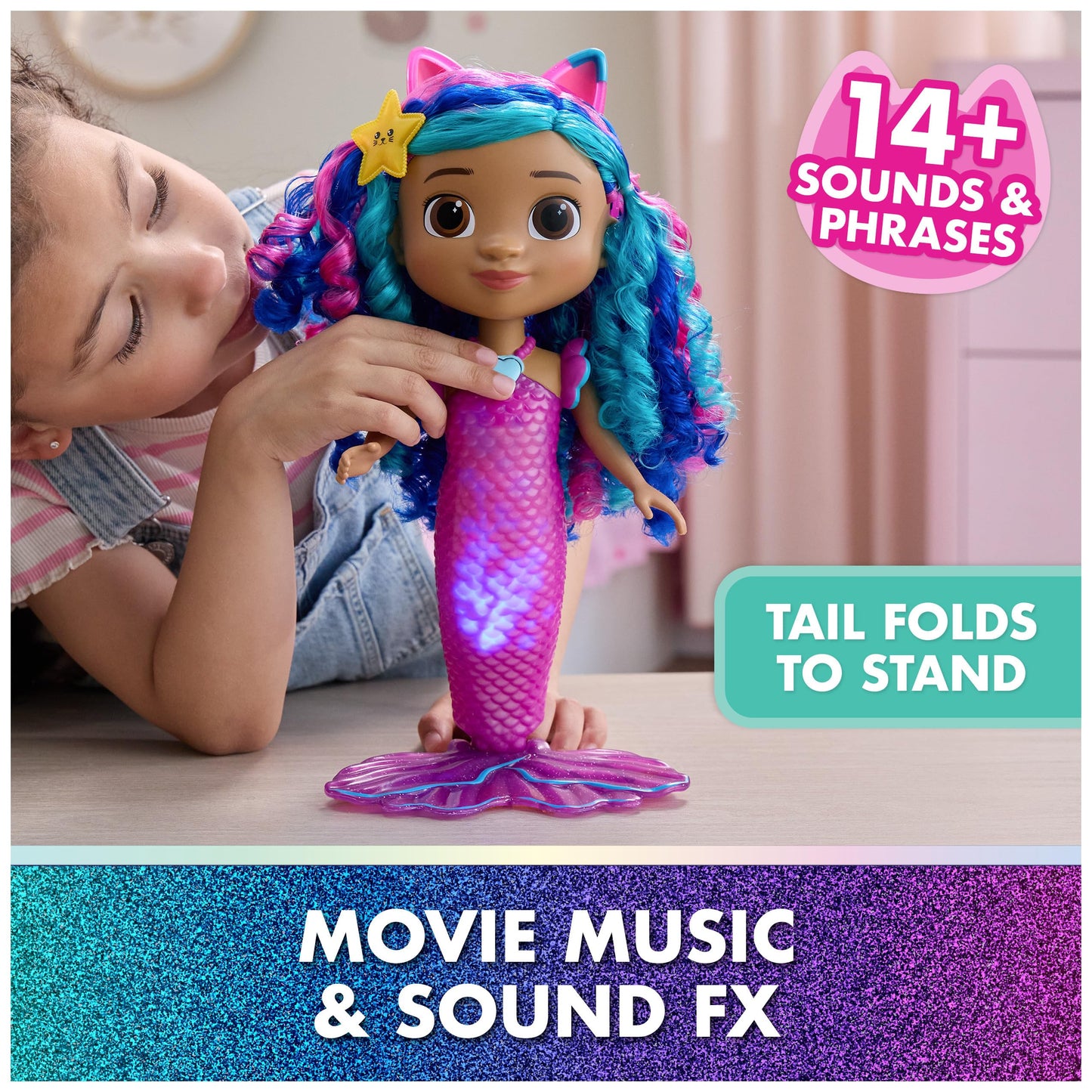 DreamWorks GABBY'S Dollhouse The Movie, Sing & Shine Mermaid Gabby, Waterproof Mermaid Doll with Lights & Sounds, Kids Toys for Girls & Boys Ages 3