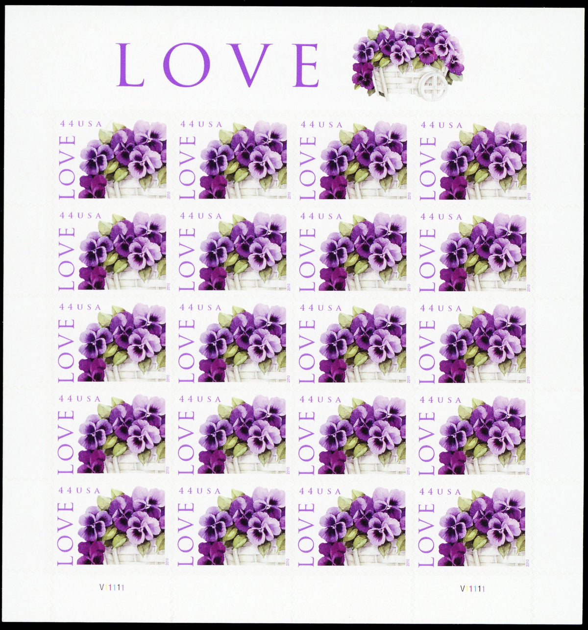 LOVE: Pansies in a Basket Collectible Stamp Sheet of Twenty 44 Cent Stamps Scott 4450