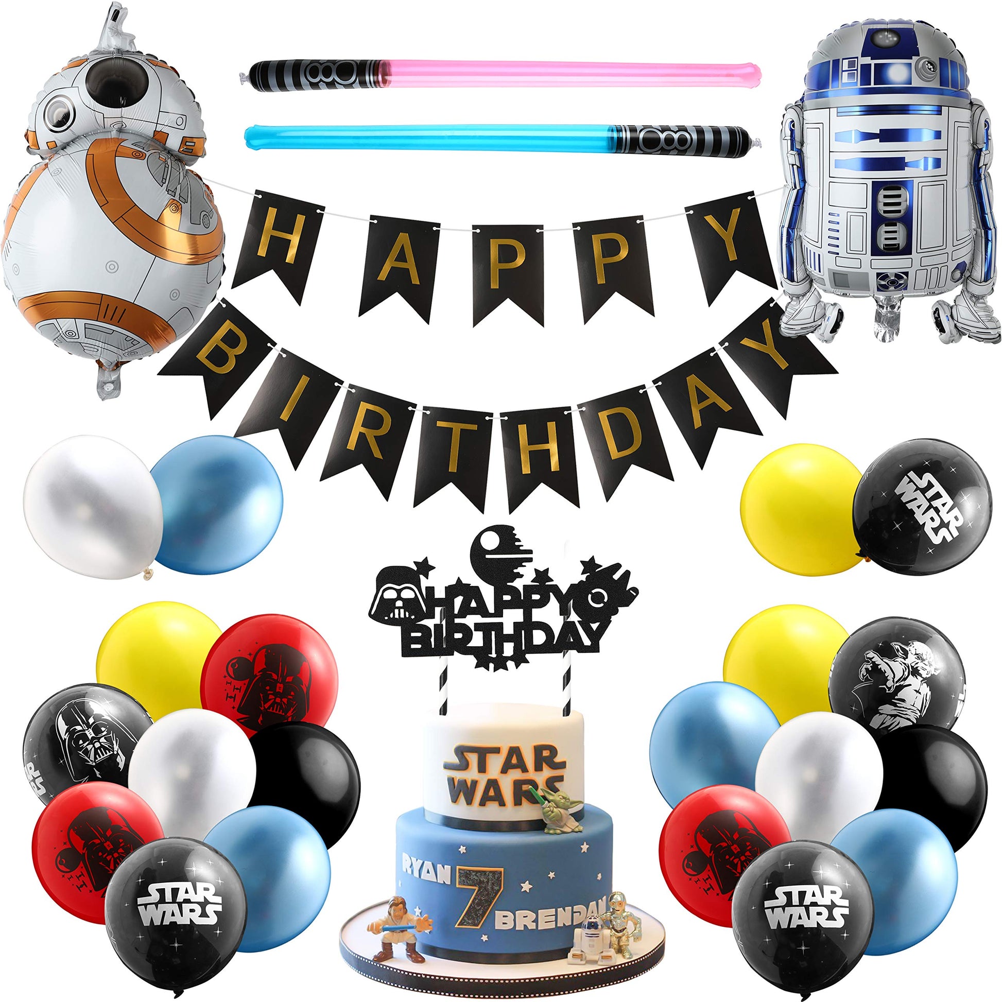 Haooryx 35PCS Galaxy Wars Birthday Party Favor Supplies for Kids, Black Series Birthday Banner Darth Vader Cake Topper Decoration Latex Balloons War