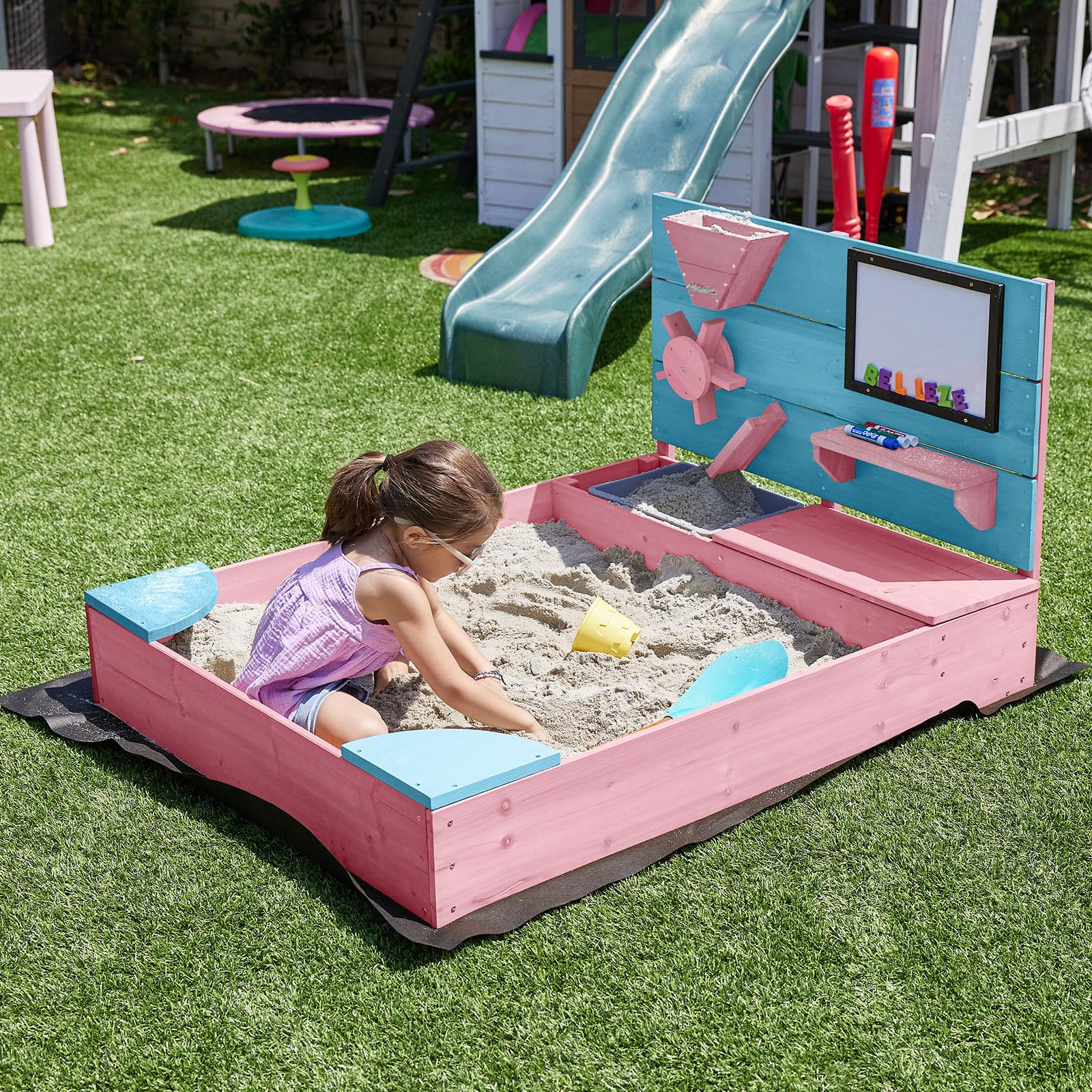BELLEZE Wooden Sandbox, 49x39in Kids Sand Pit for Backyard, Outdoor Sandbox with Cover and Bottom Liner, Built-in Corner Seating, Bench Storage, Sand