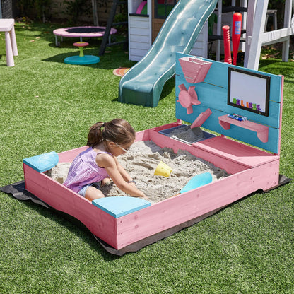BELLEZE Wooden Sandbox, 49x39in Kids Sand Pit for Backyard, Outdoor Sandbox with Cover and Bottom Liner, Built-in Corner Seating, Bench Storage, Sand