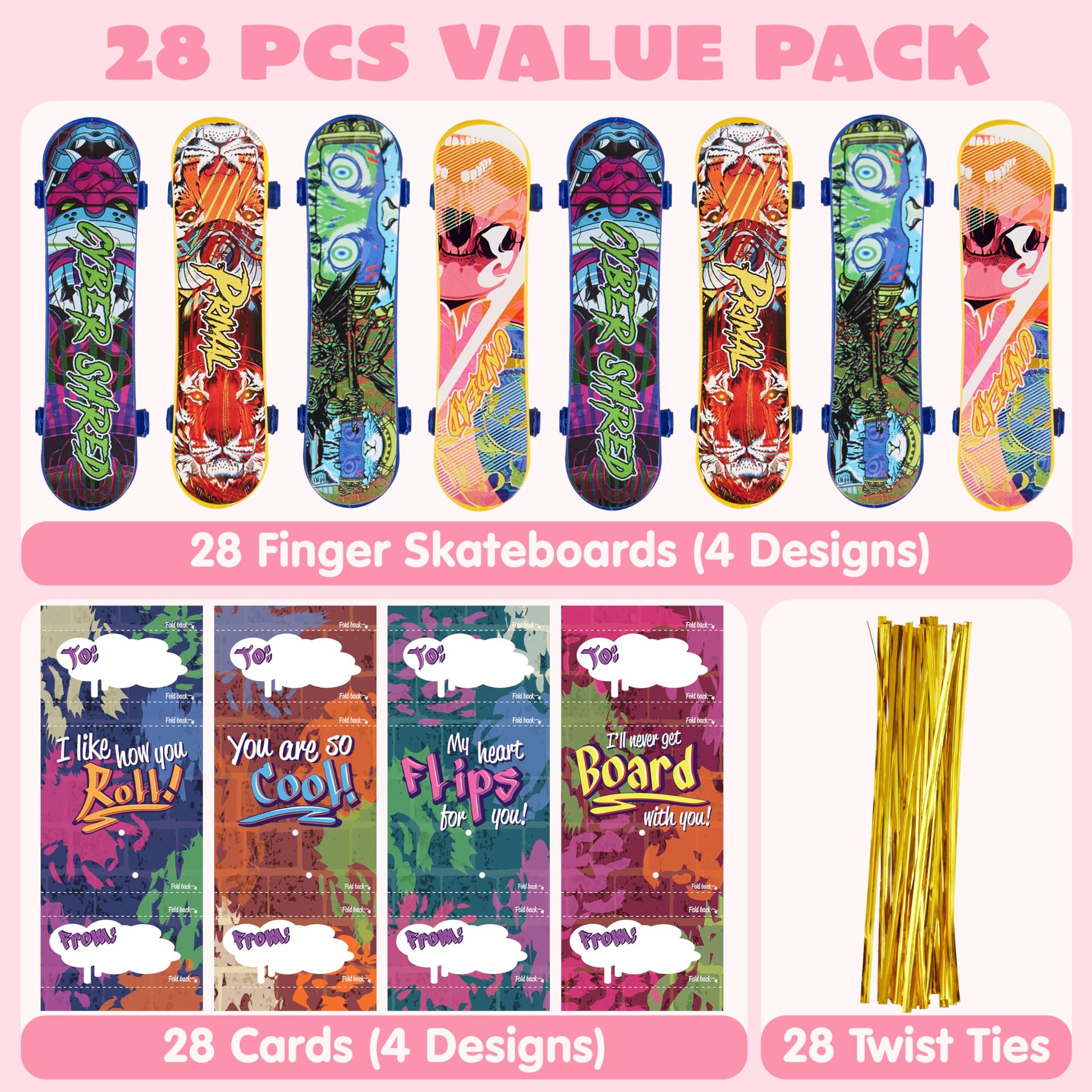 JOYIN 28 Pcs Valentines Day Finger Skateboards with Cards for Kids, Valentine Party Favor, Greeting Cards, Classroom Exchange Prizes, Holiday Reward