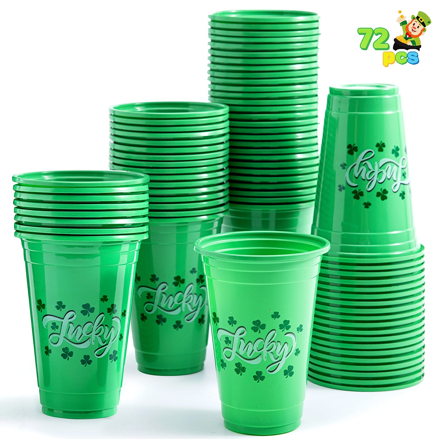 JOYIN 72 Pcs St.Patrick‘s Day 16 oz Cups, Green Disposable Plastic Lucky Clover Cups for Saint Patrick Party Supplies Set, Irish Lucky Day Party