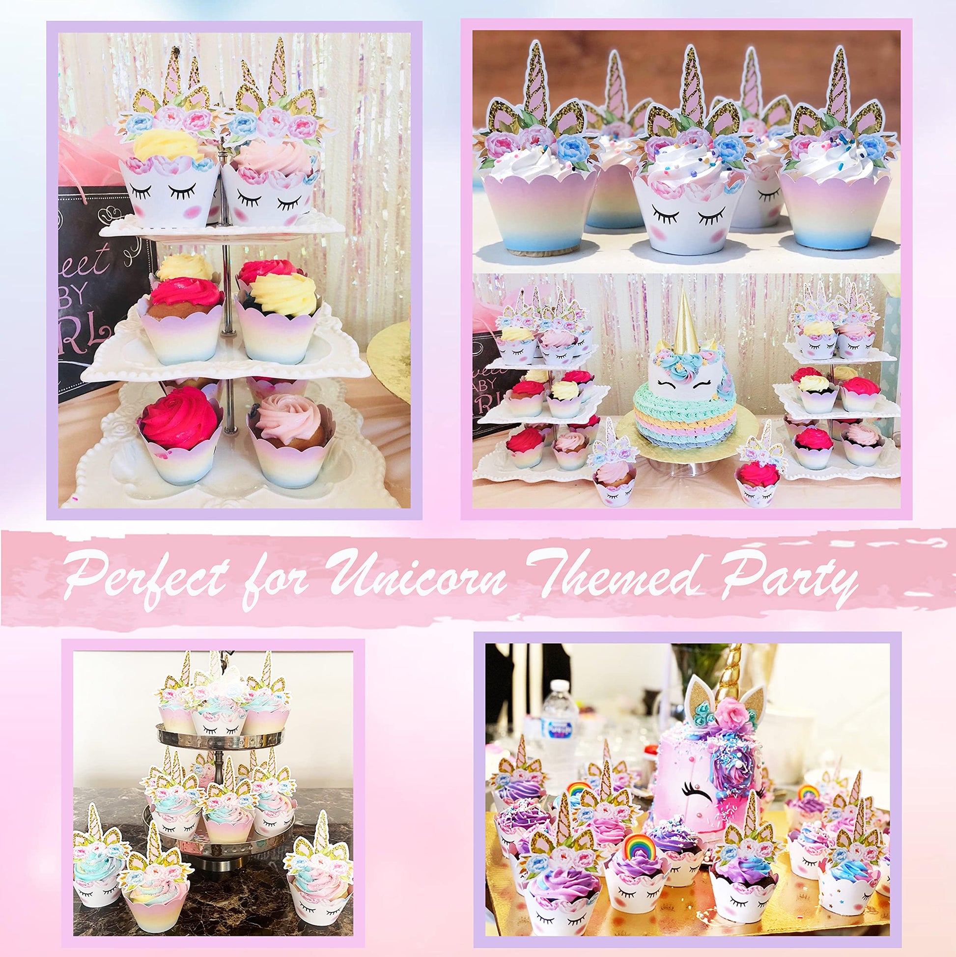 ecoZen Unicorn Cupcake Toppers and Wrappers Decorations, Reversible Rainbow Cupcake Liners with Unicorn Toppers, Cute Decorating Supplies for Girl