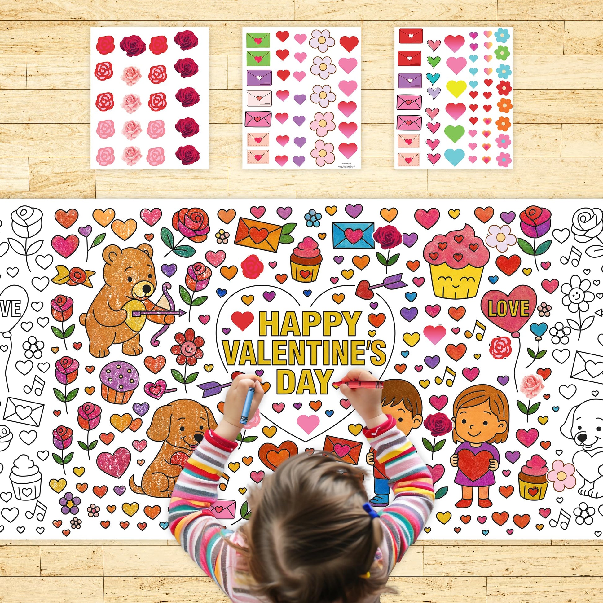 4E's Novelty 104 Pcs Giant Valentine Color Tablecloth Poster 30x72, with 103 Stickers, Huge DIY Valentines Day Coloring Table Coth Valentines Kids
