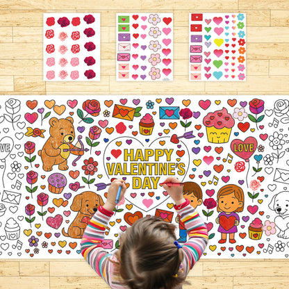 4E's Novelty 104 Pcs Giant Valentine Color Tablecloth Poster 30x72, with 103 Stickers, Huge DIY Valentines Day Coloring Table Coth Valentines Kids