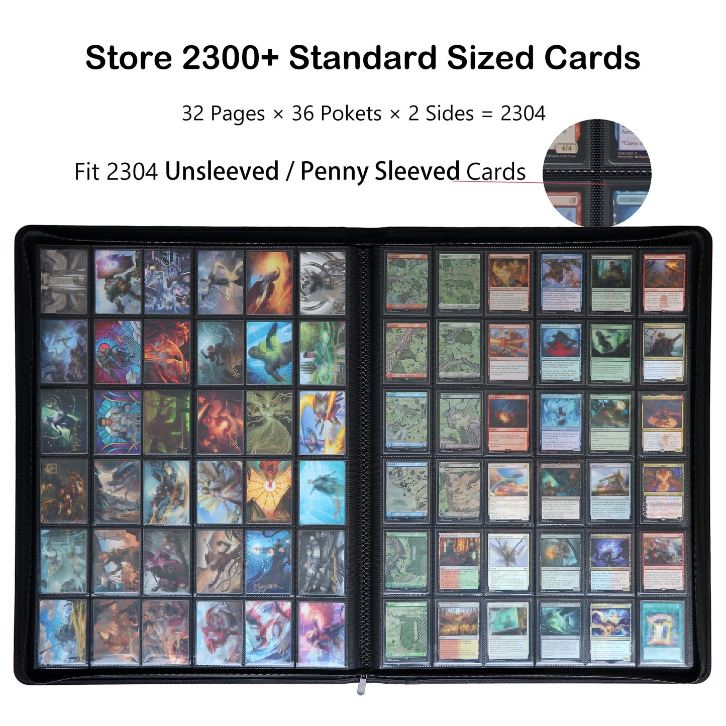 Rieton 36-Pocket Ringless Trading Card Binder - Holds 2304 Sleeved Cards, Side-Loading Black Pages, Water-Resistant Zipper Album for TCG & Sports