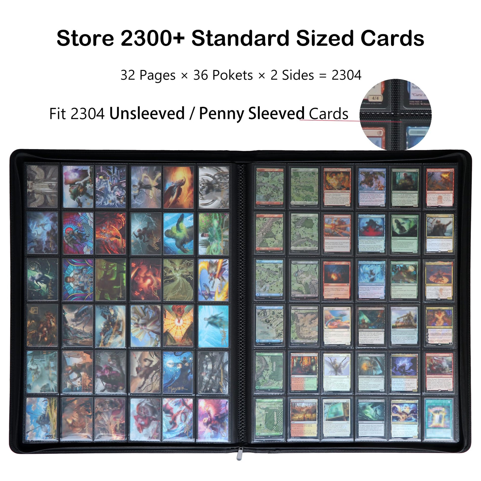 Rieton 36-Pocket Ringless Trading Card Binder - Holds 2304 Sleeved Cards, Side-Loading Black Pages, Water-Resistant Zipper Album for TCG & Sports