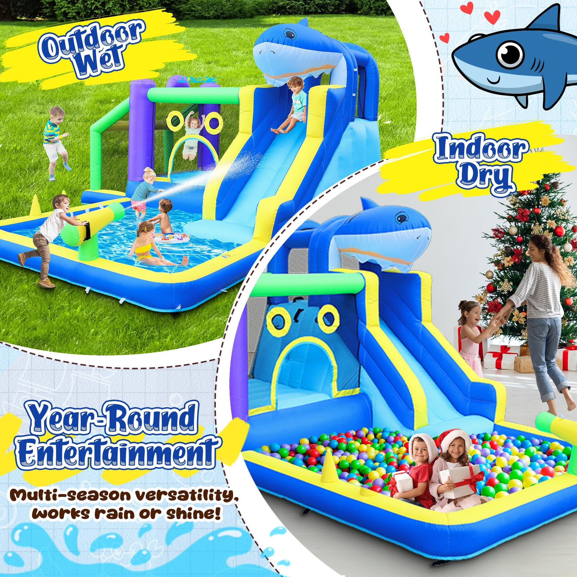 Leistooyfan 10-in-1 Shark Inflatable Bounce House for Kids with 450W Blower