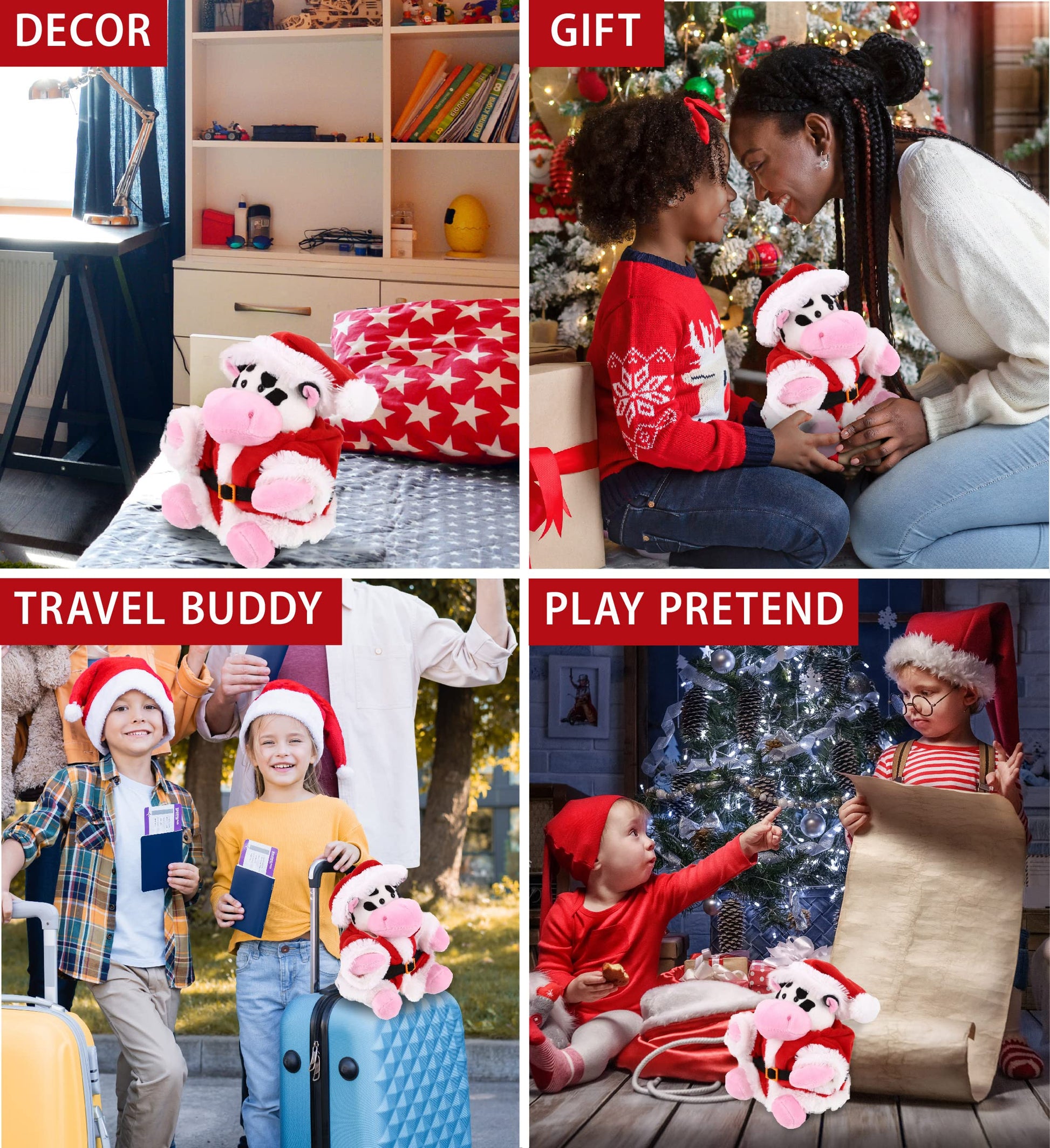 DolliBu Santa Cow Stuffed Animal Plush Toy - Super Soft Wild Animal Dress Up with Red Santa Claus Outfit, Cute Wildlife Gift, Perfect Holiday 6 Inches