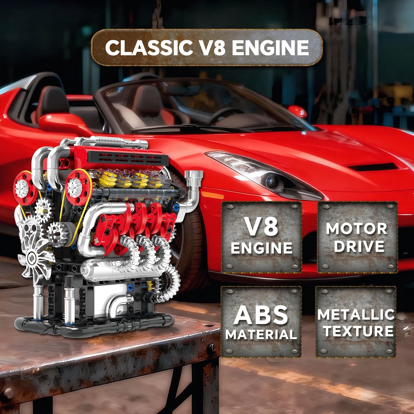 HXBIU Small V8 Engine Model Kit that Runs- 538-Piece Mini Engine Building Set with Rechargeable Electric Motor, Finely Crafted Parts, STEM DIY Technic