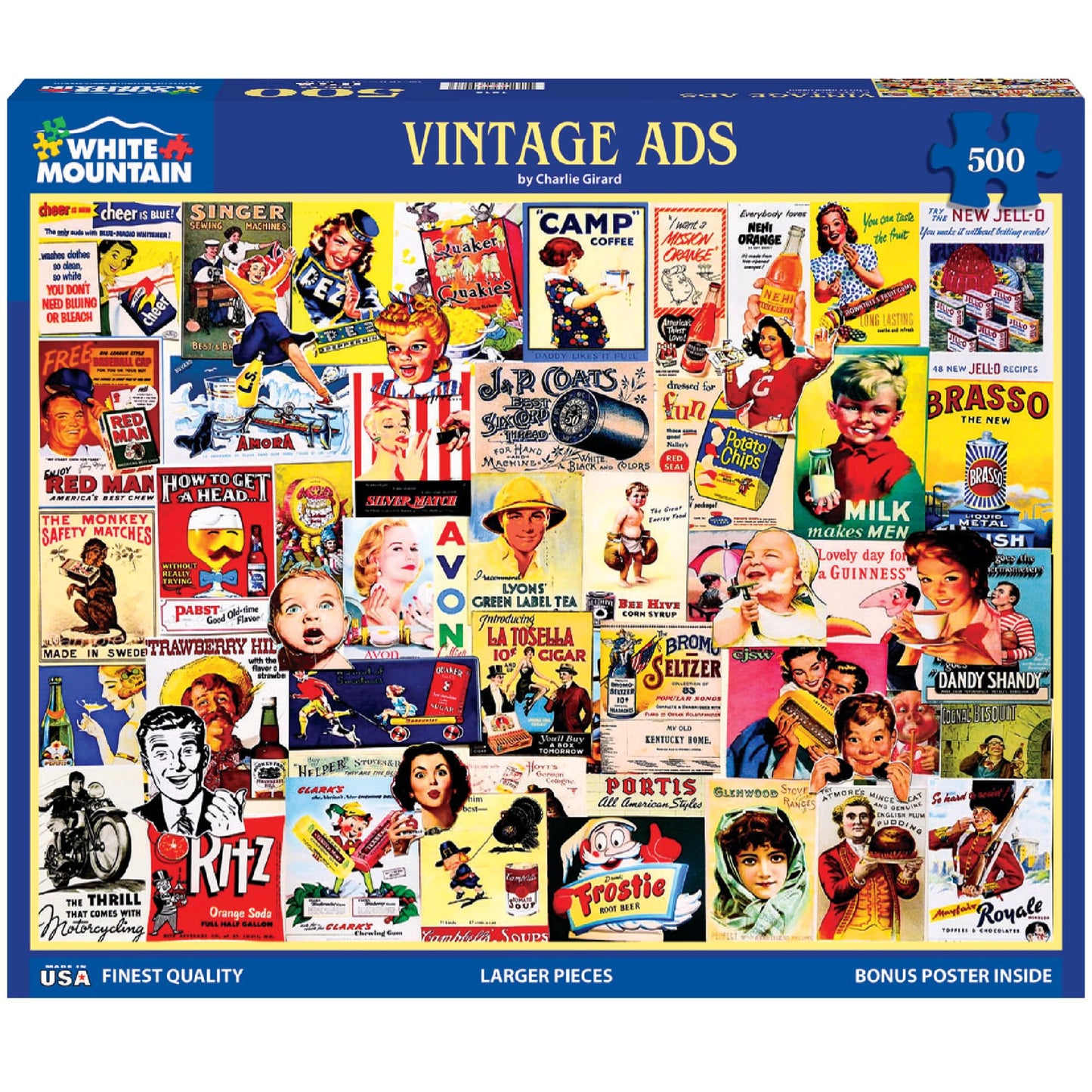 White Mountain 500 Piece Jigsaw Puzzle Funny Retro Collage, Vintage Ads