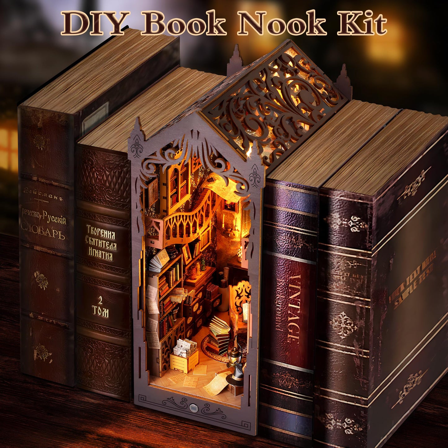 Book Nook Kit - DIY Miniature House Kit for Adults, Teens and Beginners, Magic Library 3D Wooden Puzzle Insert Decor with LED Light, Shelf Miniature