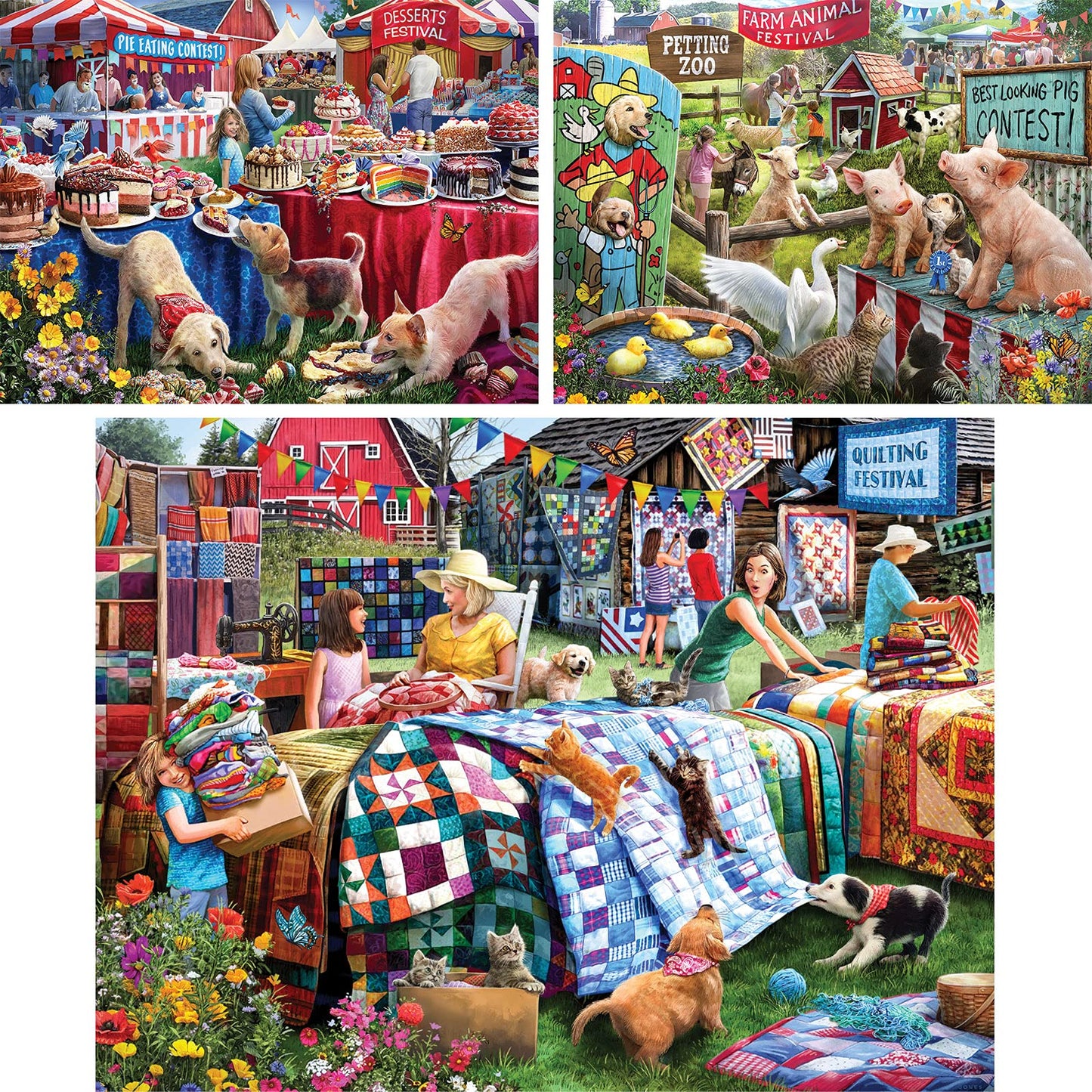Bits and Pieces - Value Set of Three Jigsaw Puzzles for Adults - Desserts, Farm Animals & Quilting Festival by Larry Jones - Random Die-Cut Pieces