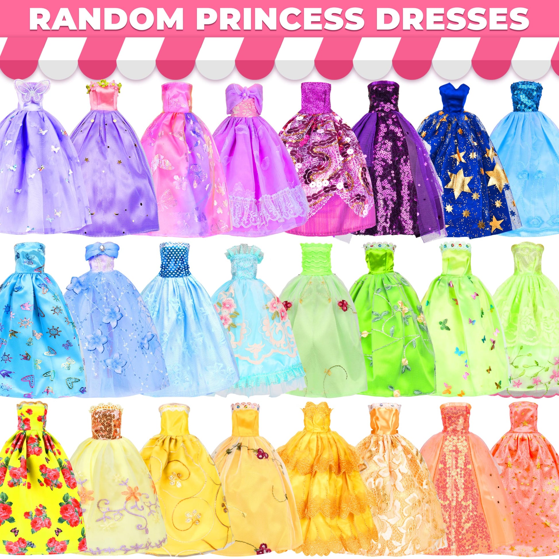 195 Pcs Doll Clothes and Accessories Kit, Include Princess Gowns, Fashion Skirt, Slip Dresses, Tops, Pants, Bikini Swimsuits, Shoes, Crowns