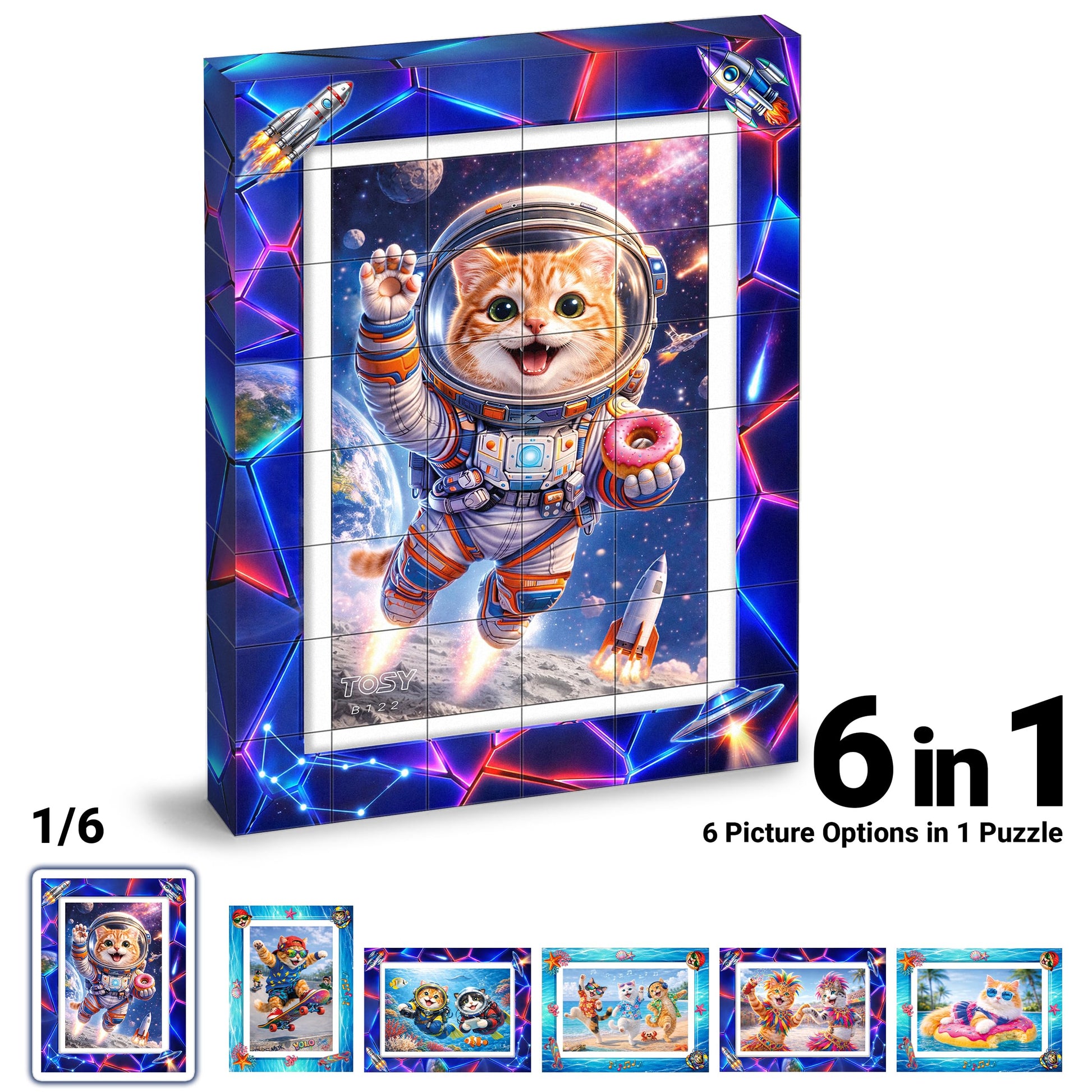 TOSY Picture Cube Adventure Cats: 6-in-1 Magnetic Picture Puzzle, 48 Blocks, 288 Puzzle Faces, 0.6 in, B122, Seamless UV Art, Display-Ready Frame