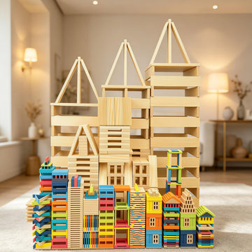 Premium 300 Pcs Rainbow Wooden Building Planks Kit, Open-Ended Creative Building Blocks Set for Kids Ages 3-12,Colorful Pine STEM Construction Toys