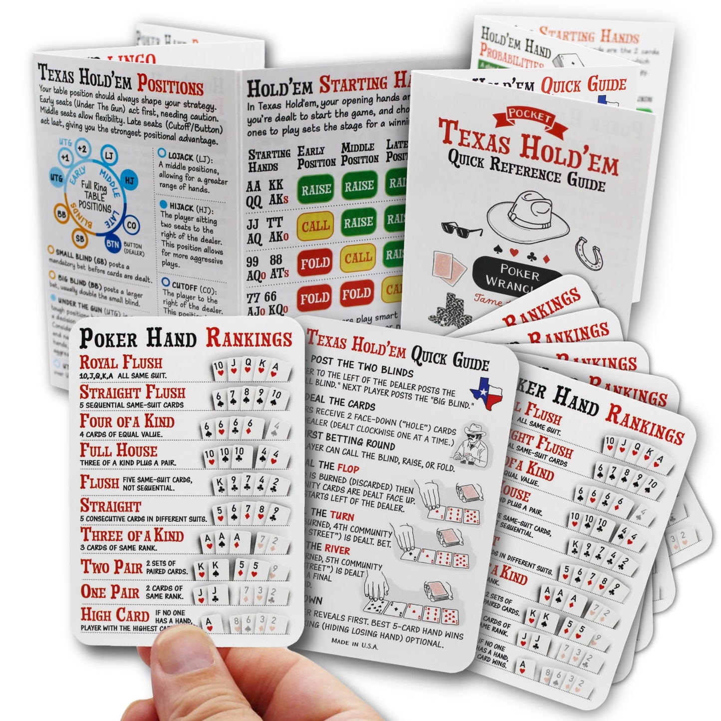 POKER WRANGLER Illustrated Poker Cheat Sheets. Set of 5 Poker Hand Ranking Cards and Texas Hold'em Cheat Sheet and Pocket Guide