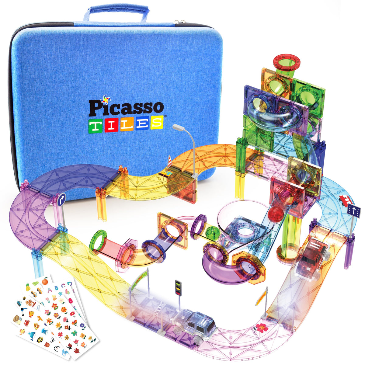 PicassoTiles 131PC Magnetic Tiles, Marble Run, Race Track Building Toy Set