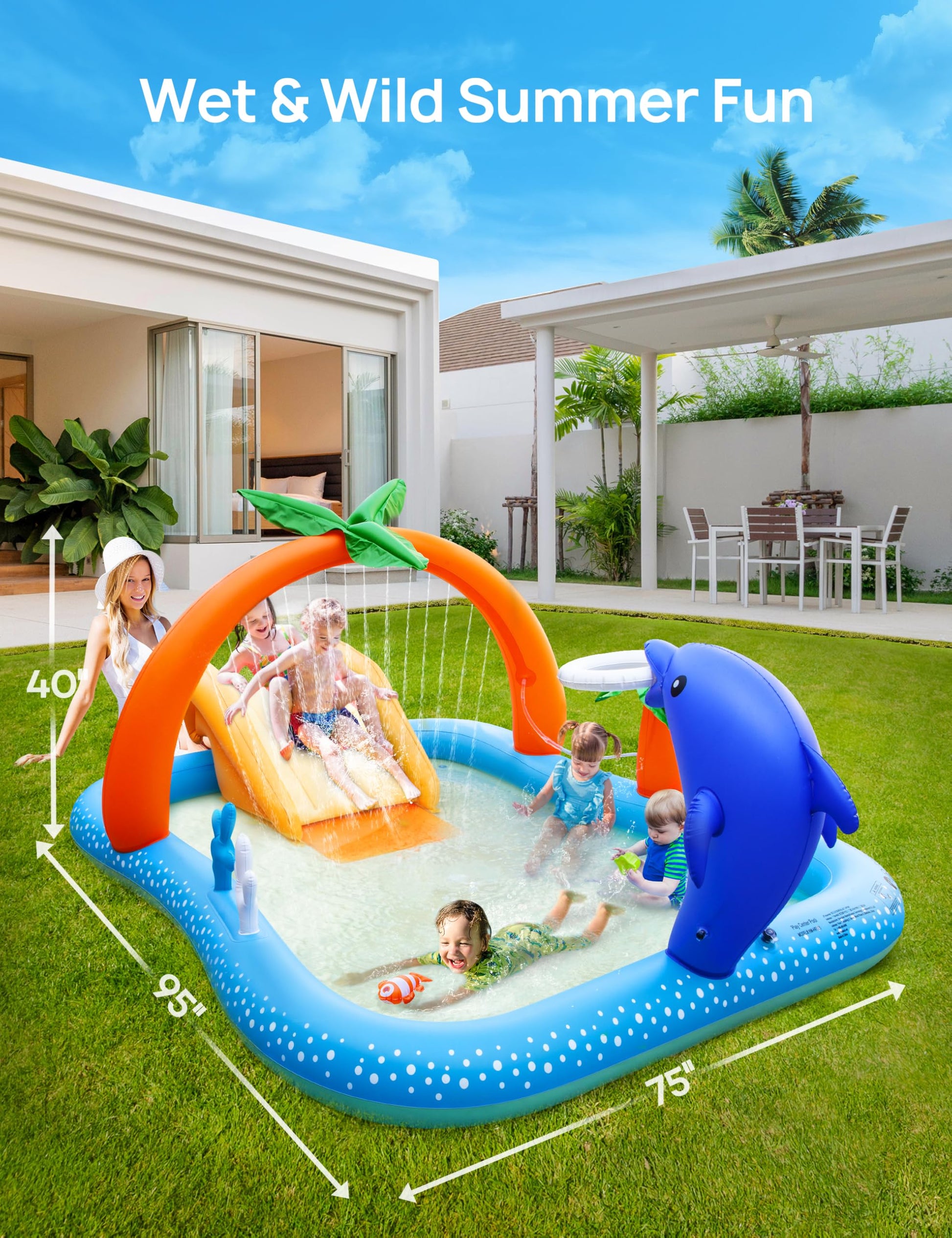 Inflatable Kids Pool, Kiddie Pool with Water Slide, Coconut Palm Sprinkler
