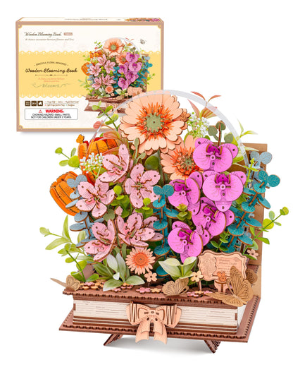 ROBOTIME 3D Wooden Blooming Book Garden DIY Kit, Flowers Building Set, Adult Creative Craft & Home Decor Puzzle, Unique Gift for Women, Mom
