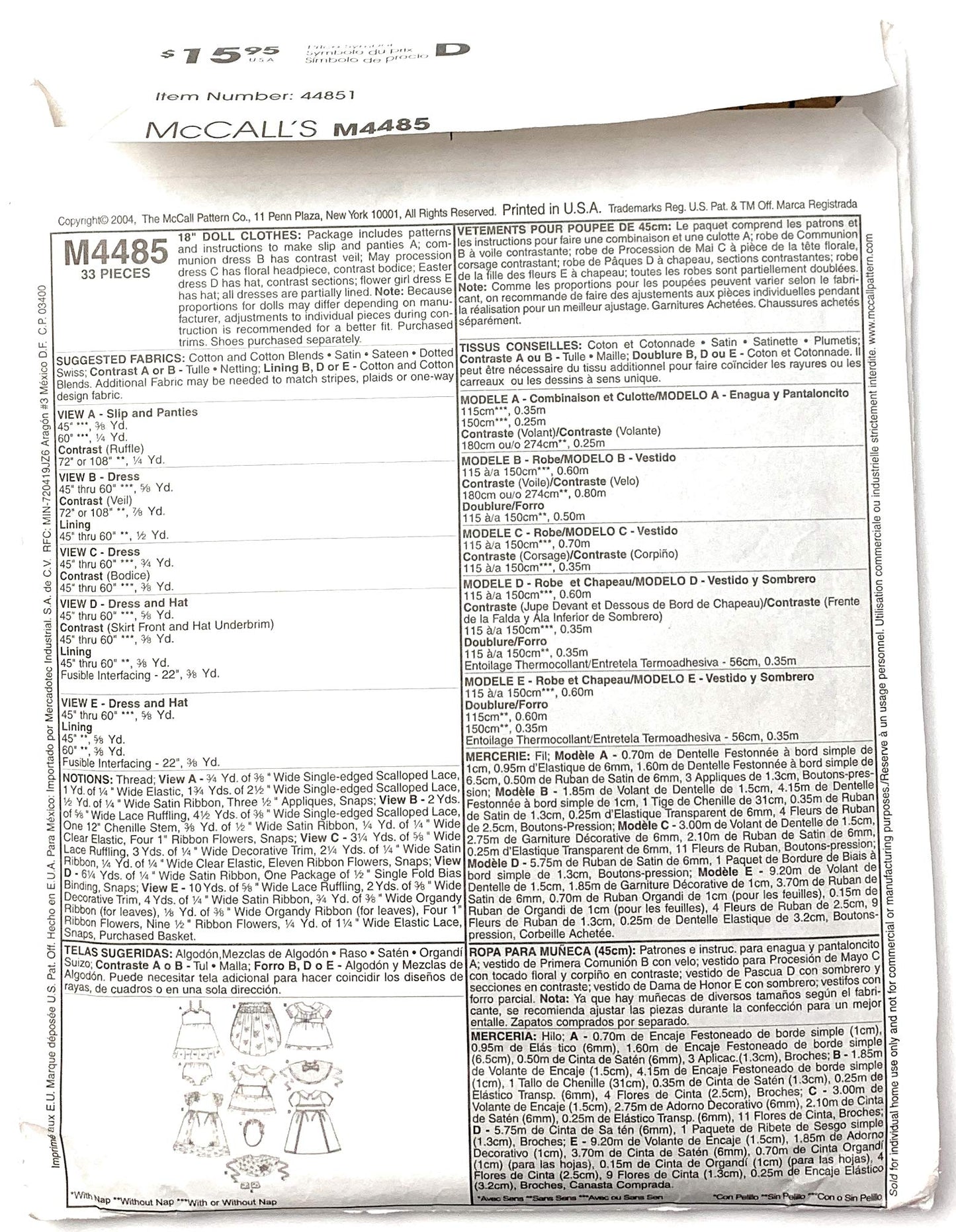 OOP McCall's Pattern M4485. Historical Clothes + Bridal Outfit; Etc for 18" Dolls Such As the American Girl Dolls