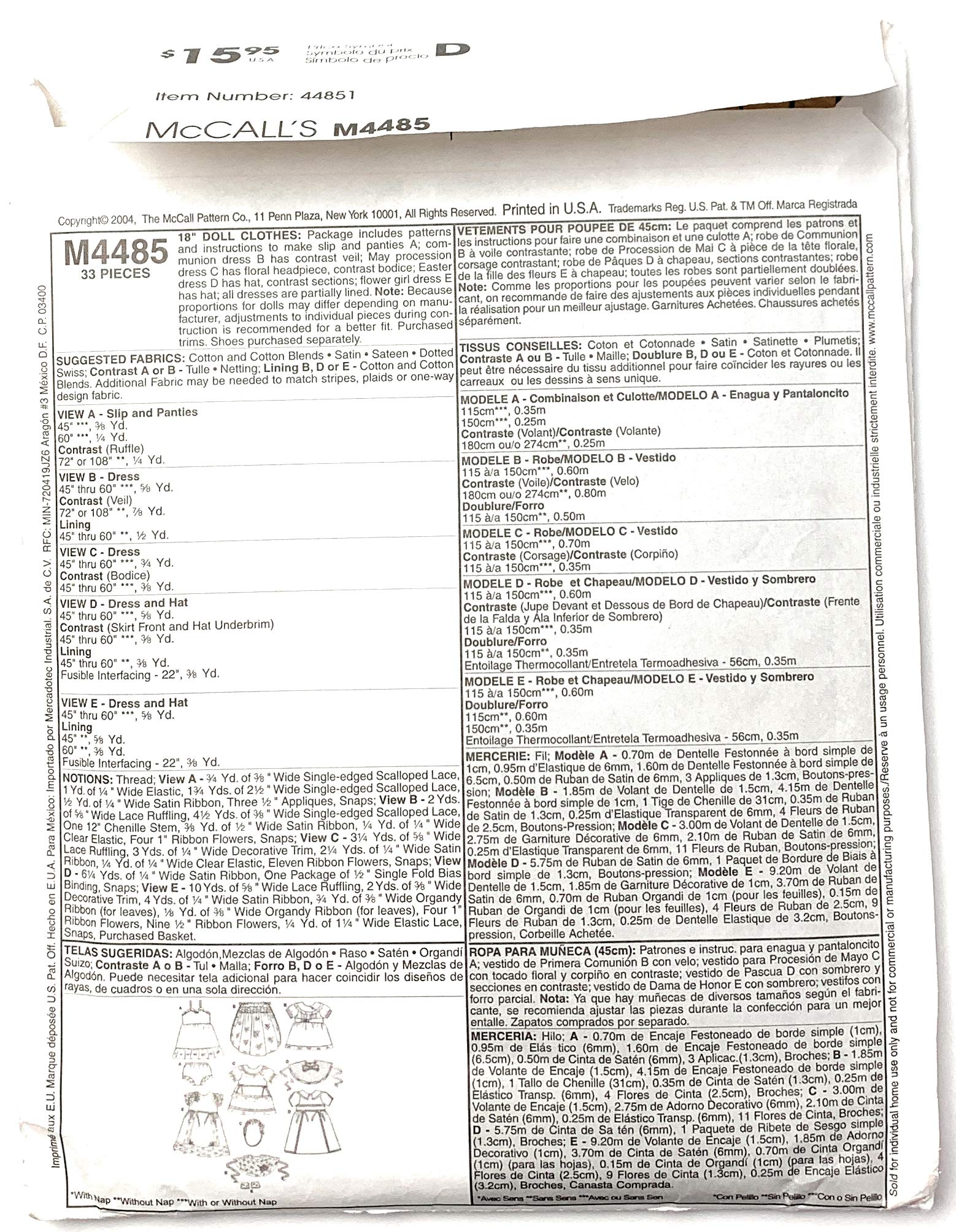 OOP McCall's Pattern M4485. Historical Clothes + Bridal Outfit; Etc for 18" Dolls Such As the American Girl Dolls