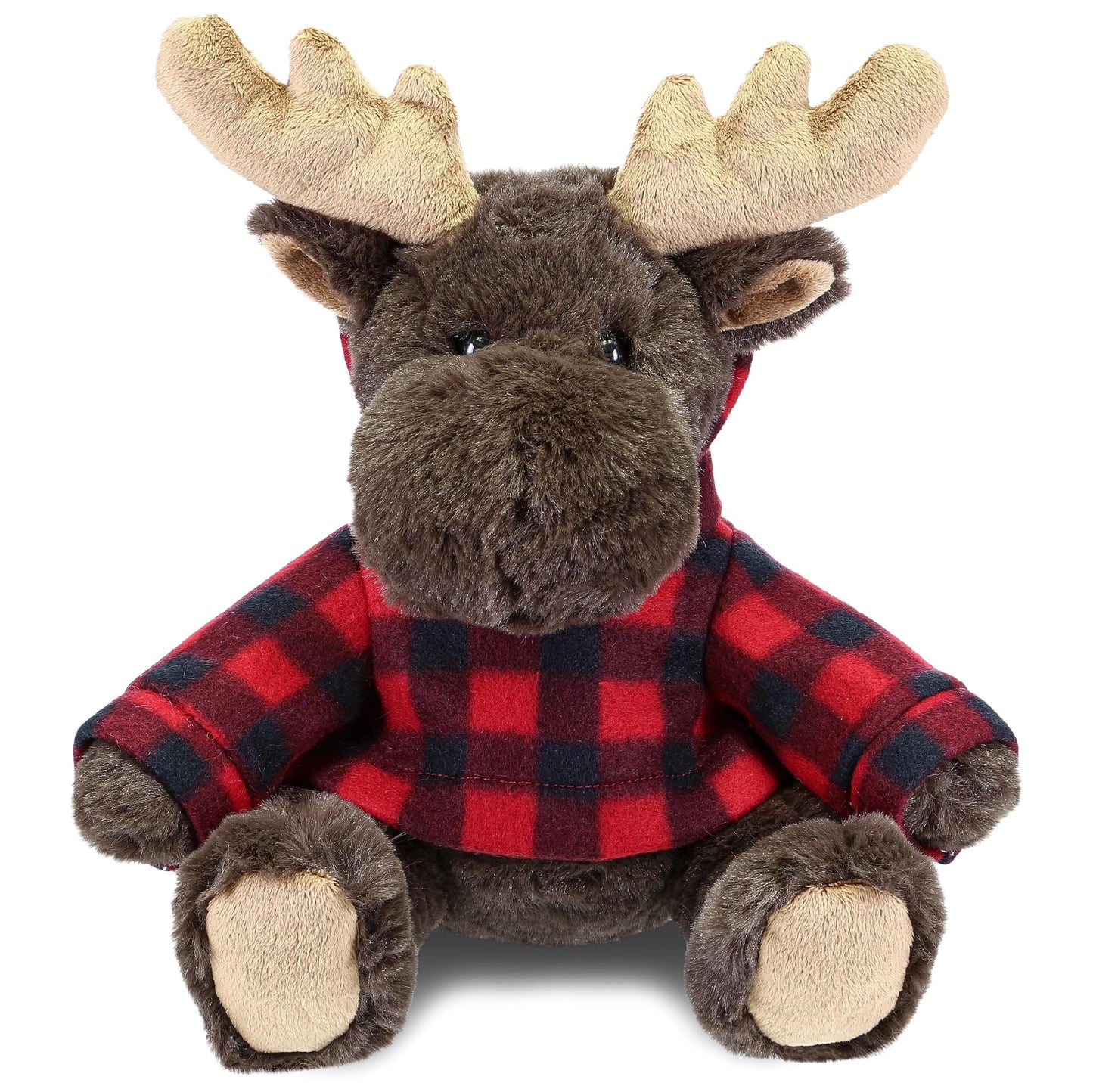 DolliBu Super Soft Moose Stuffed Animal with Plaid Red Hoodie Sweater - Cute Moose Plush Lumberjack Stuffed Toy with Plaid Jacket Animal Hoodie Dress