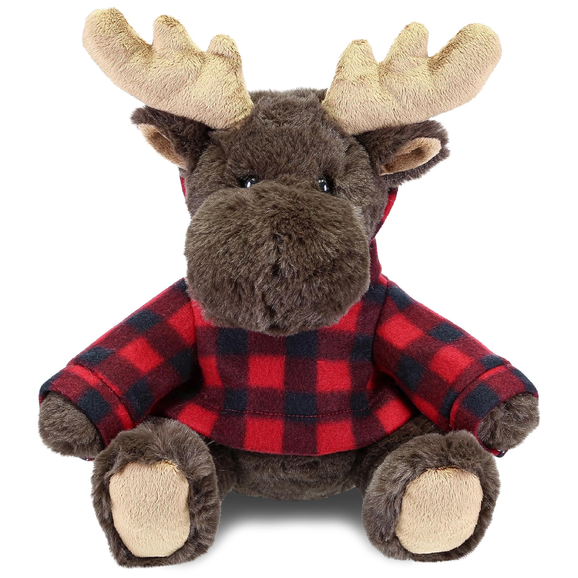 DolliBu Super Soft Moose Stuffed Animal with Plaid Red Hoodie Sweater - Cute Moose Plush Lumberjack Stuffed Toy with Plaid Jacket Animal Hoodie Dress