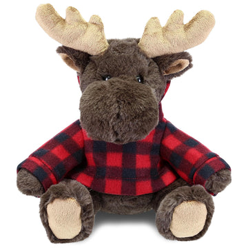 DolliBu Super Soft Moose Stuffed Animal with Plaid Red Hoodie Sweater - Cute Moose Plush Lumberjack Stuffed Toy with Plaid Jacket Animal Hoodie Dress