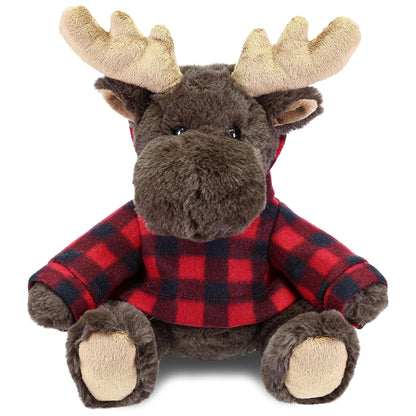 DolliBu Super Soft Moose Stuffed Animal with Plaid Red Hoodie Sweater - Cute Moose Plush Lumberjack Stuffed Toy with Plaid Jacket Animal Hoodie Dress