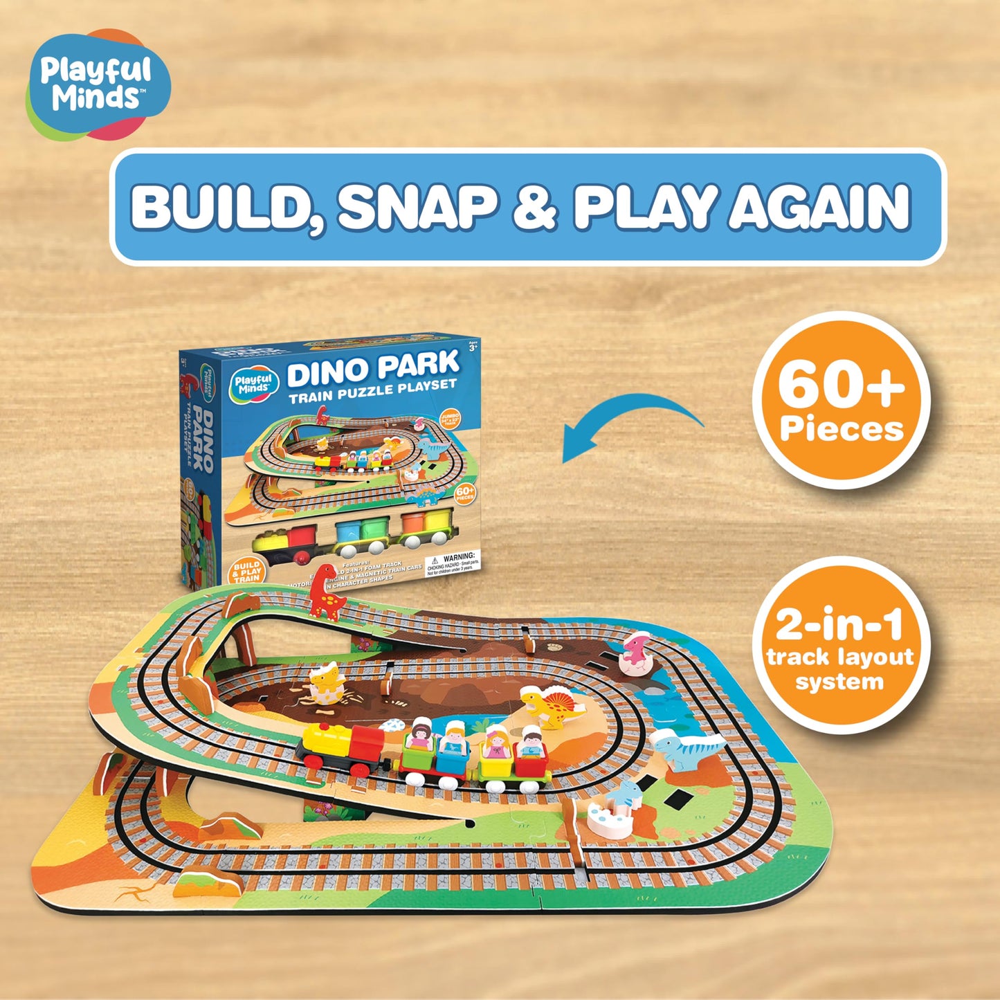Playful Minds Dino Park Train Puzzle Playset - 60 Pc Build and Play Railway Set for Toddlers and Kids Ages 3-5 - EVA Foam Puzzle Track with Motorized