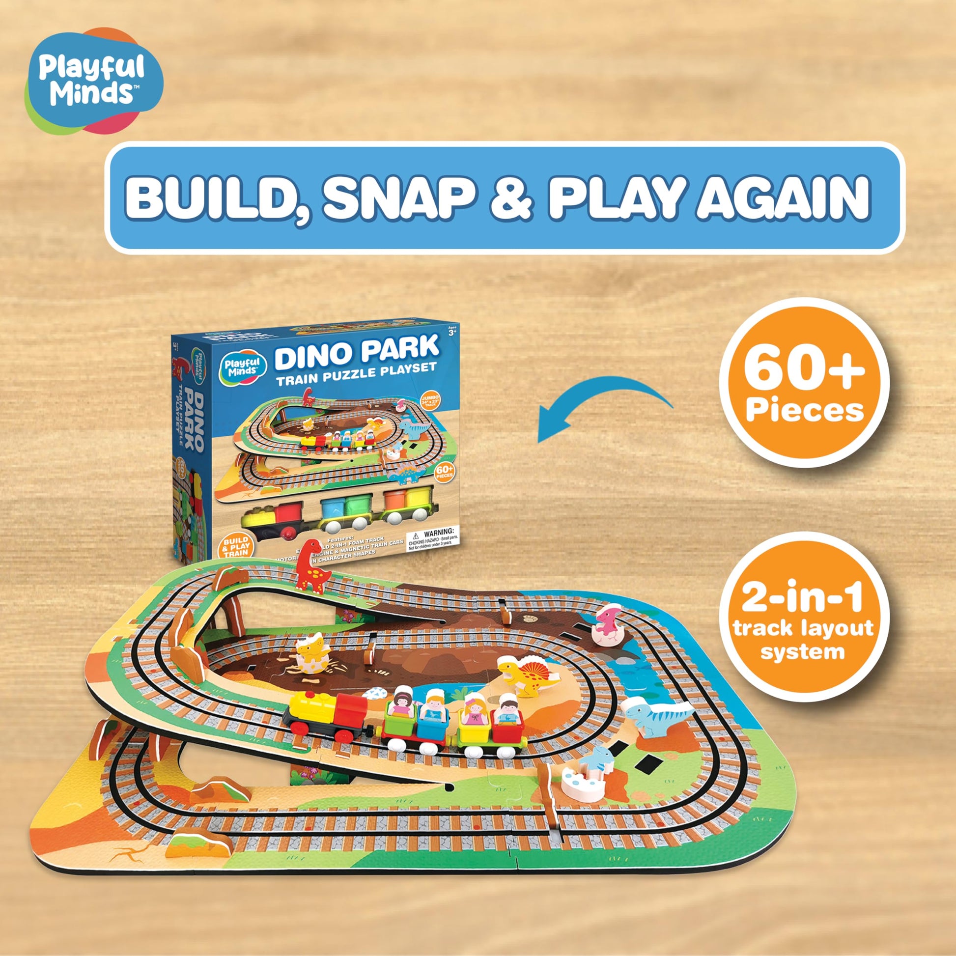 Playful Minds Dino Park Train Puzzle Playset - 60 Pc Build and Play Railway Set for Toddlers and Kids Ages 3-5 - EVA Foam Puzzle Track with Motorized