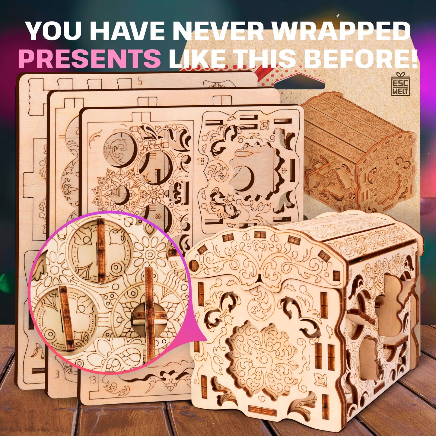 ESC WELT Secret Treasure Box 3D Wooden Puzzle - 3-In-1 Game, Gift Box for Money, Vouchers & Cards - Teenagers & Adults