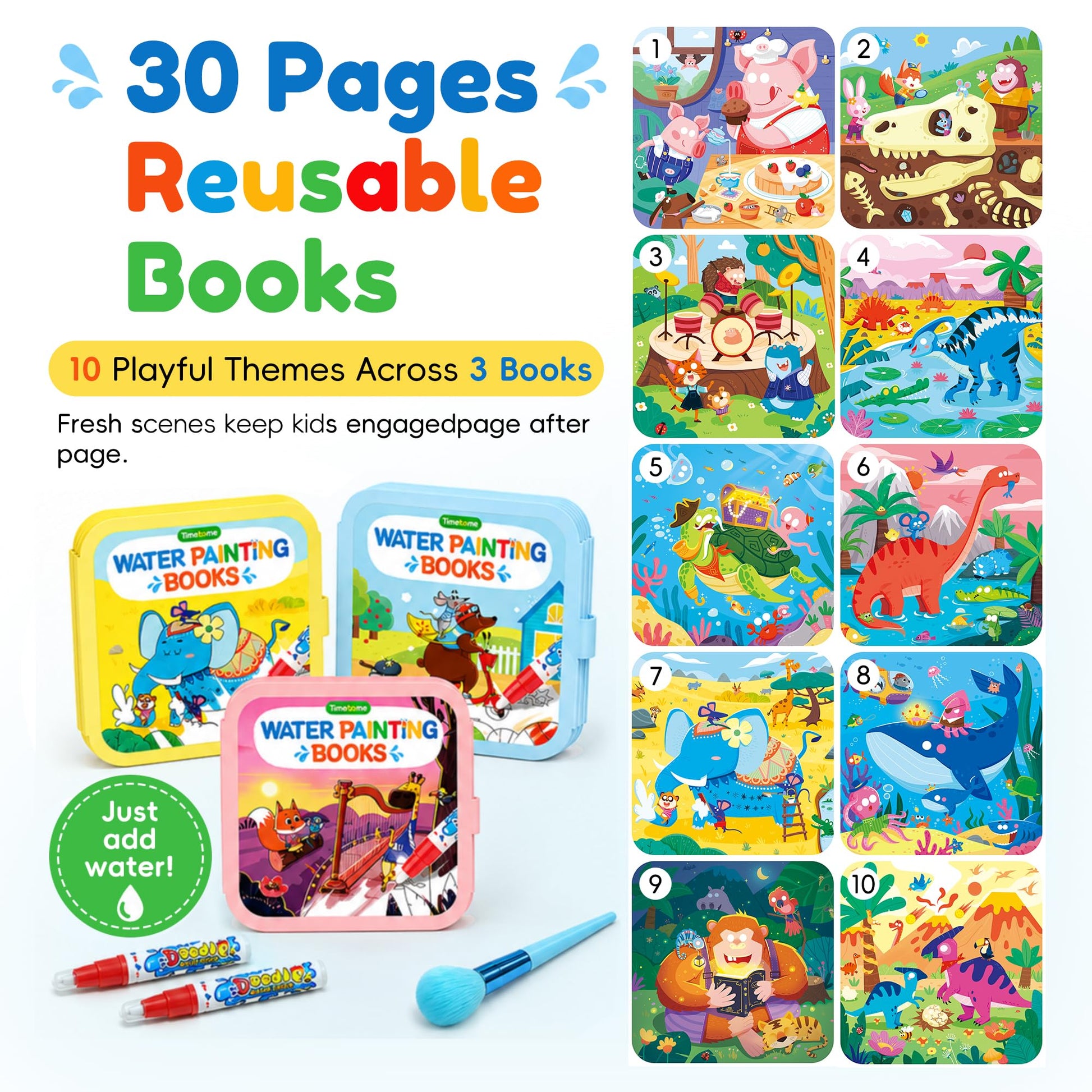 Timetome Water Coloring Book for Kids, 3 Pack Fairy Tale Animal Dinosaur Water Painting Book for Toddlers 1-3, Reusable Water Doodle Book, Montessori