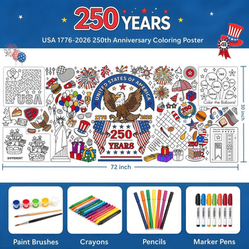 Sbrvaniy 4th of July Giant Coloring Tablecloth,250th Anniversary Decorations,Patriotic Giant Poster 30x72 Crafts Gifts for Kids?Perfect for Party
