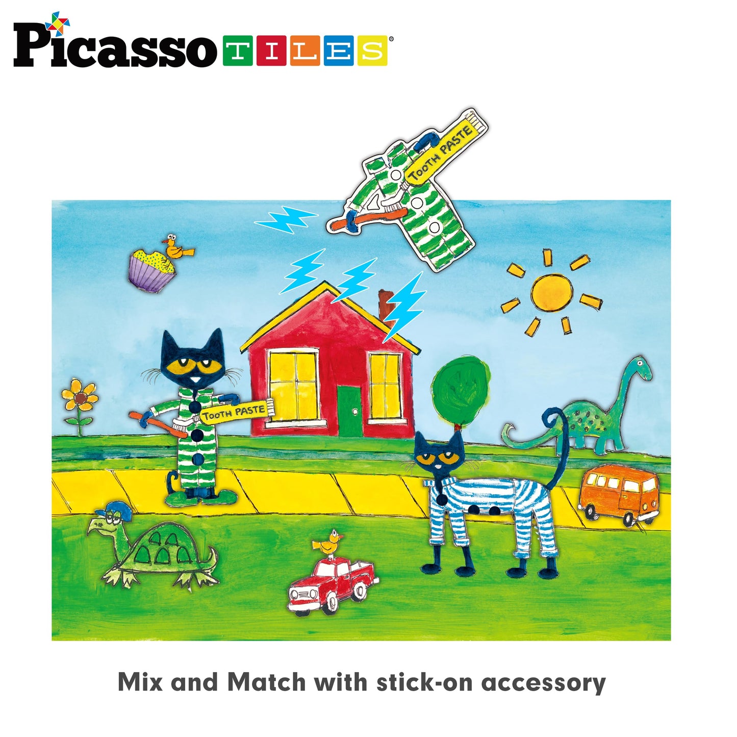 PicassoTiles Pete The Cat 80pc Magnetic Board Game Puzzle Playset Reusable Mix & Match Cartoon Toy with Storytelling, STEM Learning Activity Book