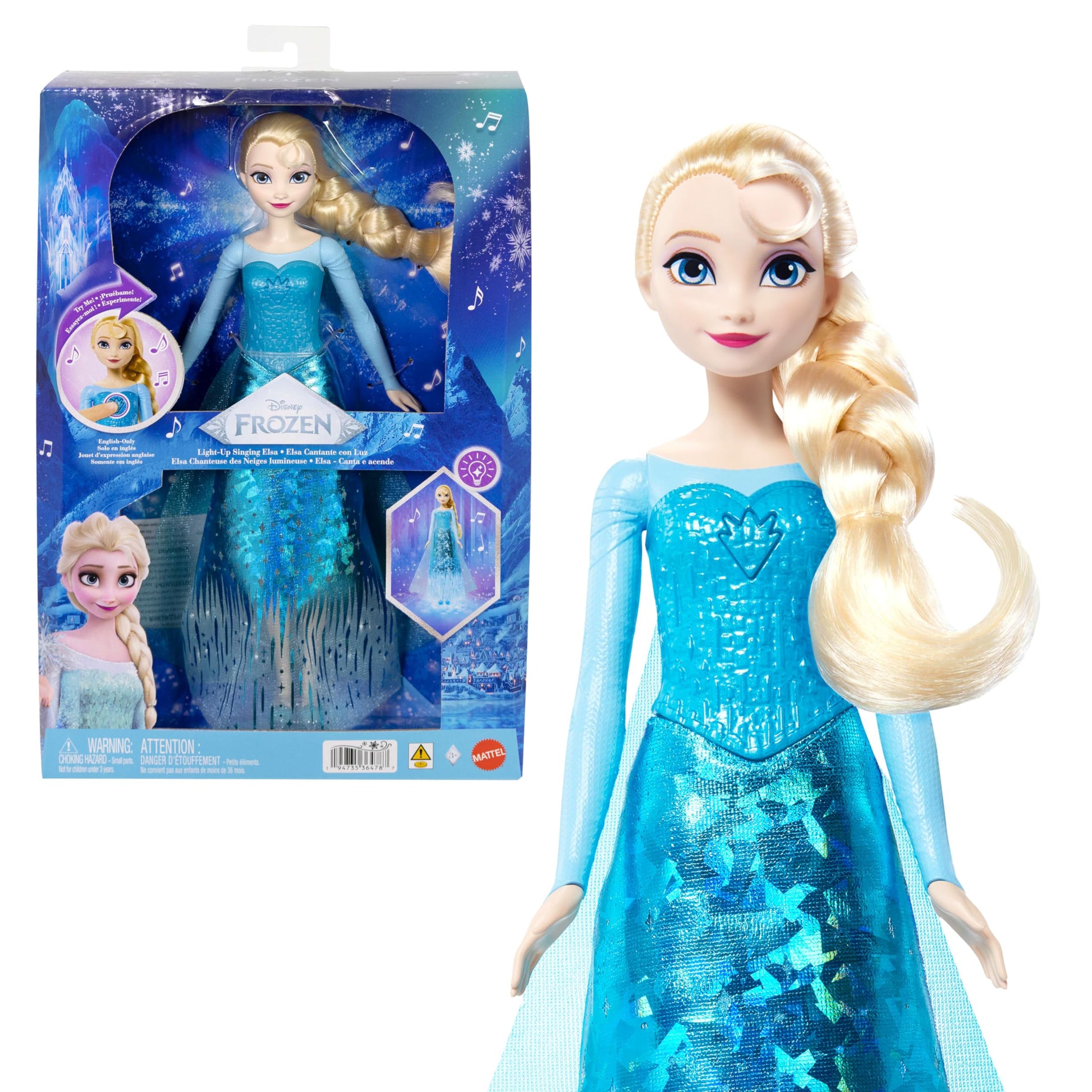 Mattel Disney Frozen Singing Elsa Doll with Lights & Music, Sings “Let It Go” from Movie, Posable with Sparkling Signature Outfit & Removable Shoes