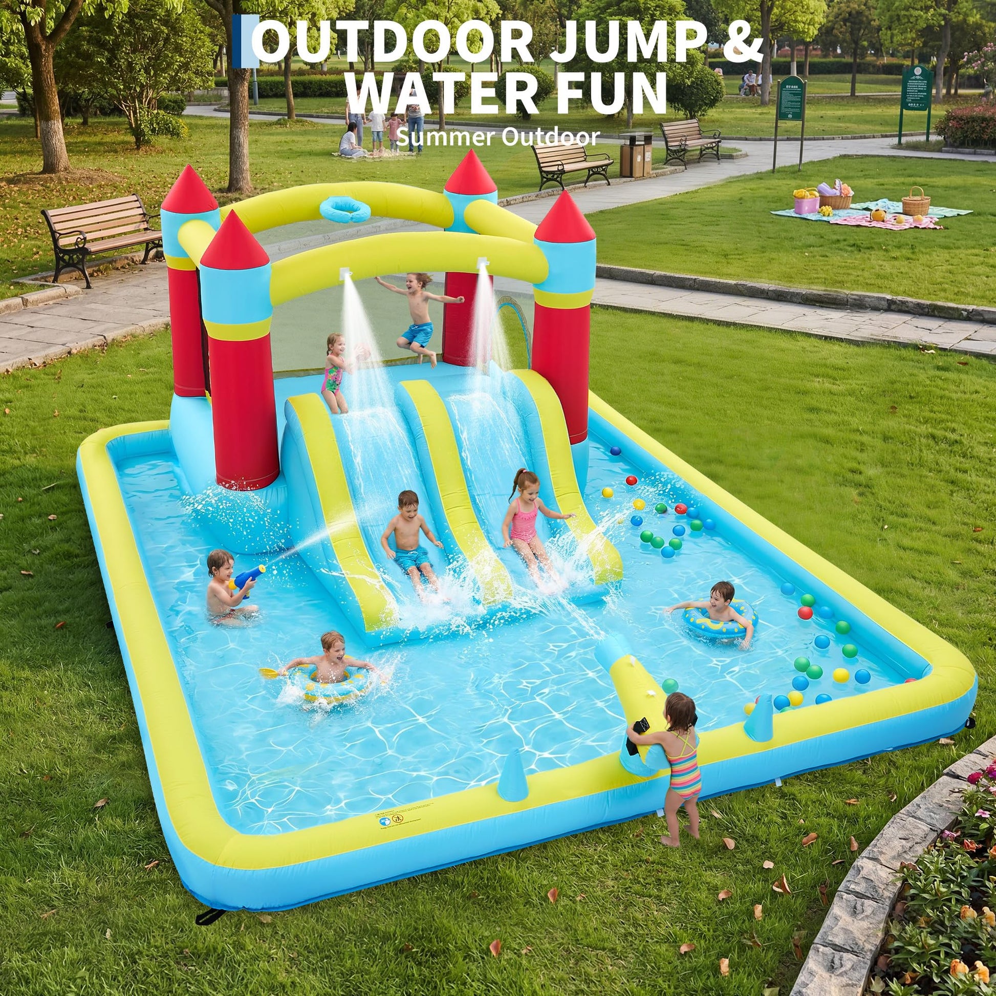 Inflatable Bounce House Water Slide, 7-in-1 Double Slide Bouncy Castle with 350W Blower, Kids Outdoor Backyard Play Center with Jumping Area, Water