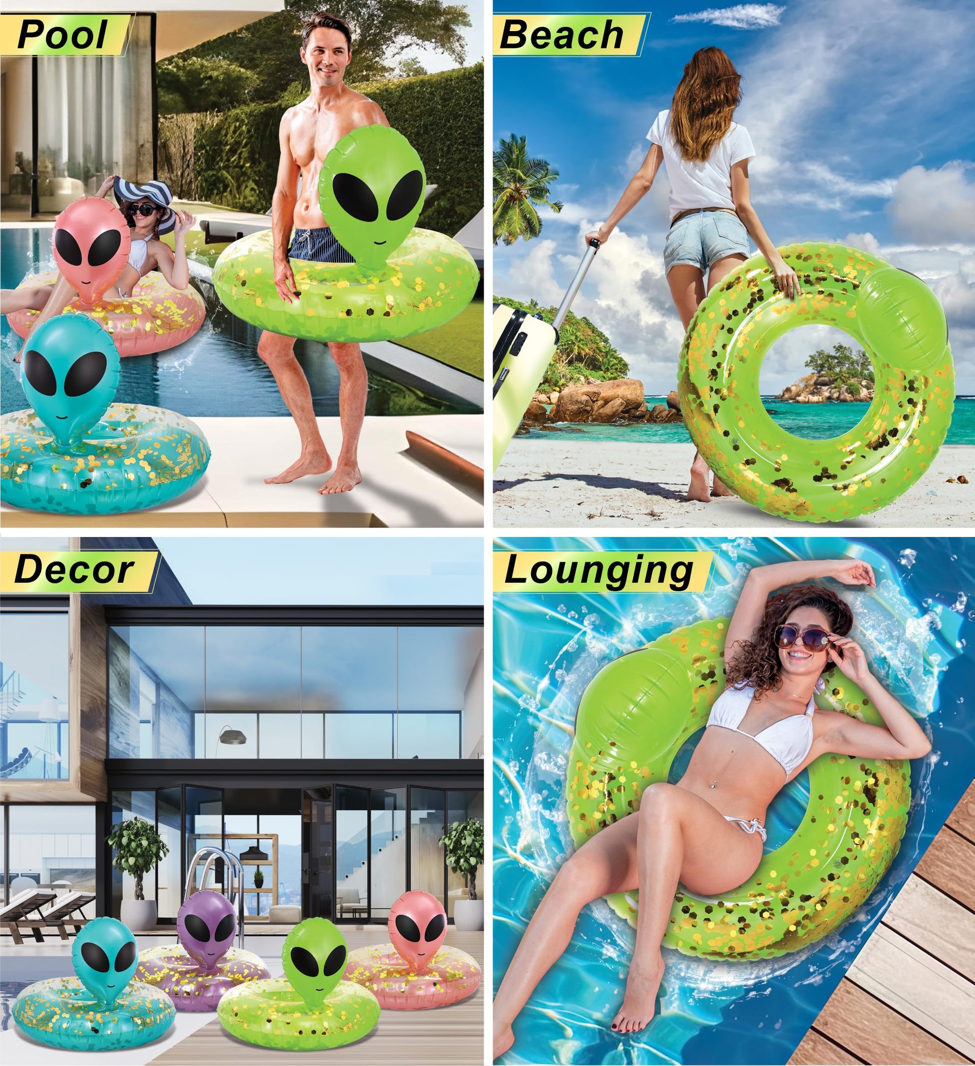 POZA Inflatable Alien Pool Float Tube - Heavy Duty Vinyl UV Resistant Confetti Pool Alien Floatie, Cool Pool Float Swim Ring Pool Inflatables