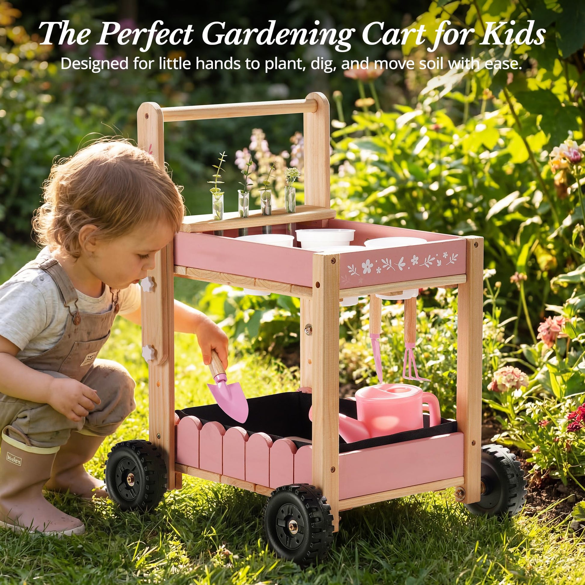 ROBOTIME Kids Gardening Tools with Cart Wheelbarrow - Wooden Outdoor Garden Toys Set with Watering Can, Shovel, Hand Rake & Plant Labels, Outdoor