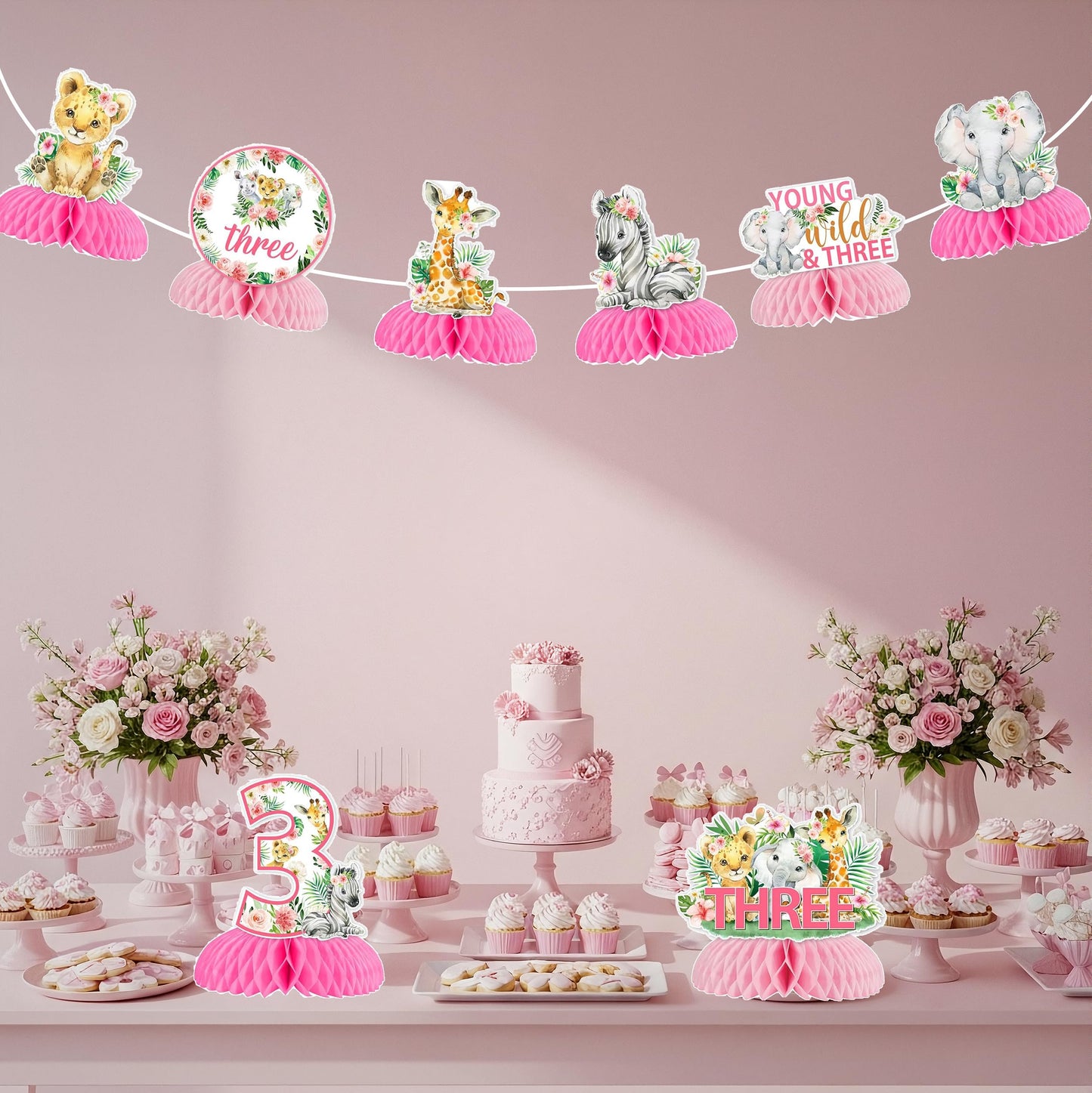 Young Wild Three Party Decor, 8pc Pink Safari Honeycomb Centerpiece