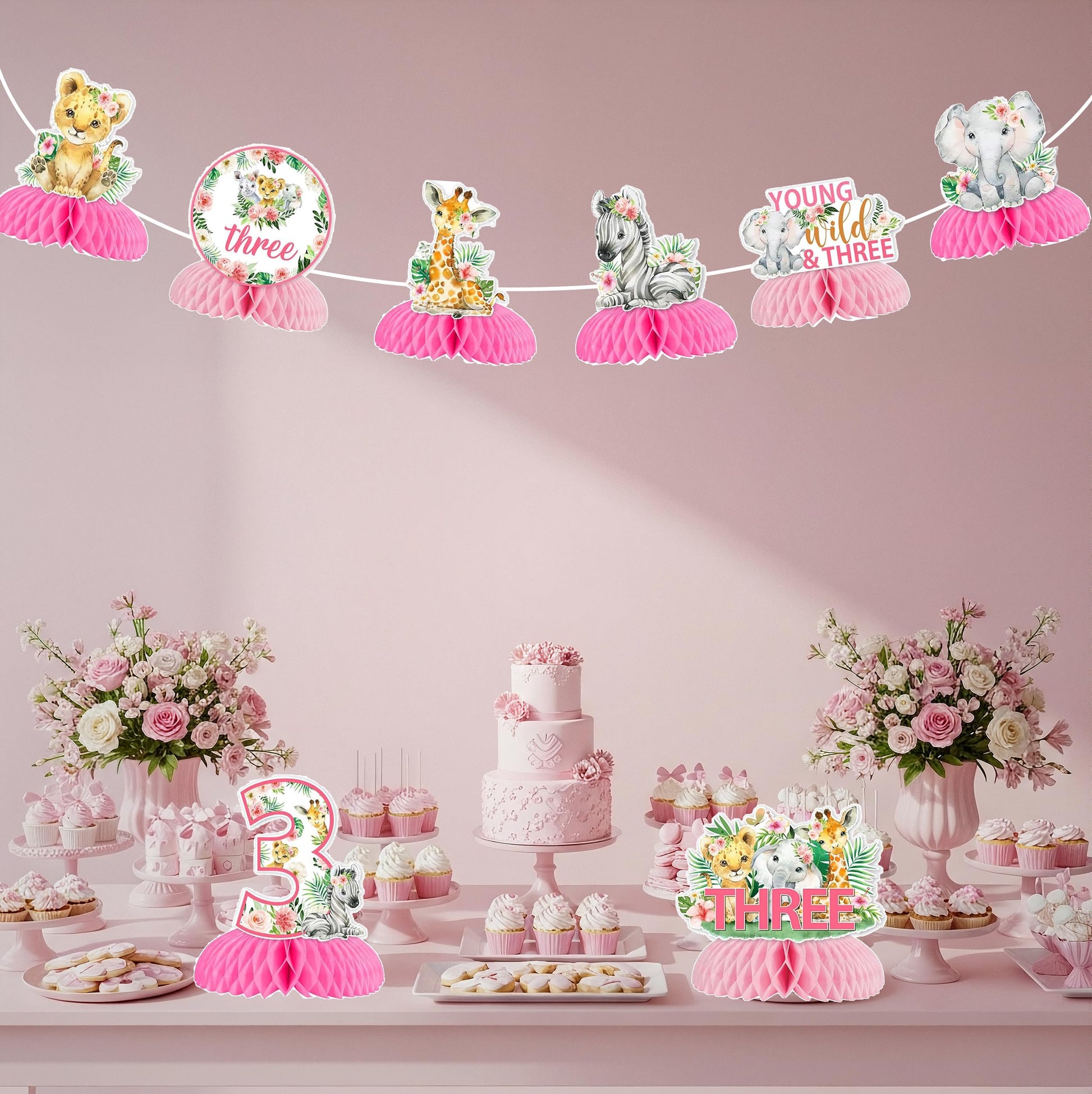 Young Wild Three Party Decor, 8pc Pink Safari Honeycomb Centerpiece