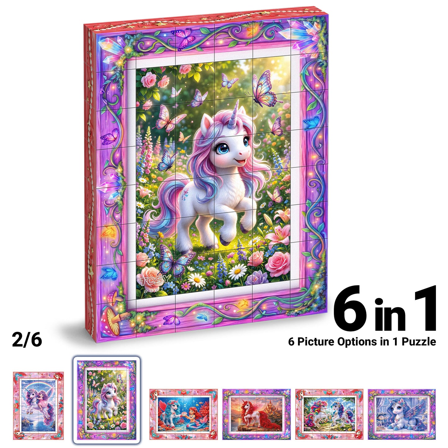 TOSY Picture Cube Fairy Unicorns: 6-in-1 Magnetic Picture Puzzle, 48 Blocks, 288 Puzzle Faces, 0.6 in, B061, Seamless UV Art, Display-Ready Frame