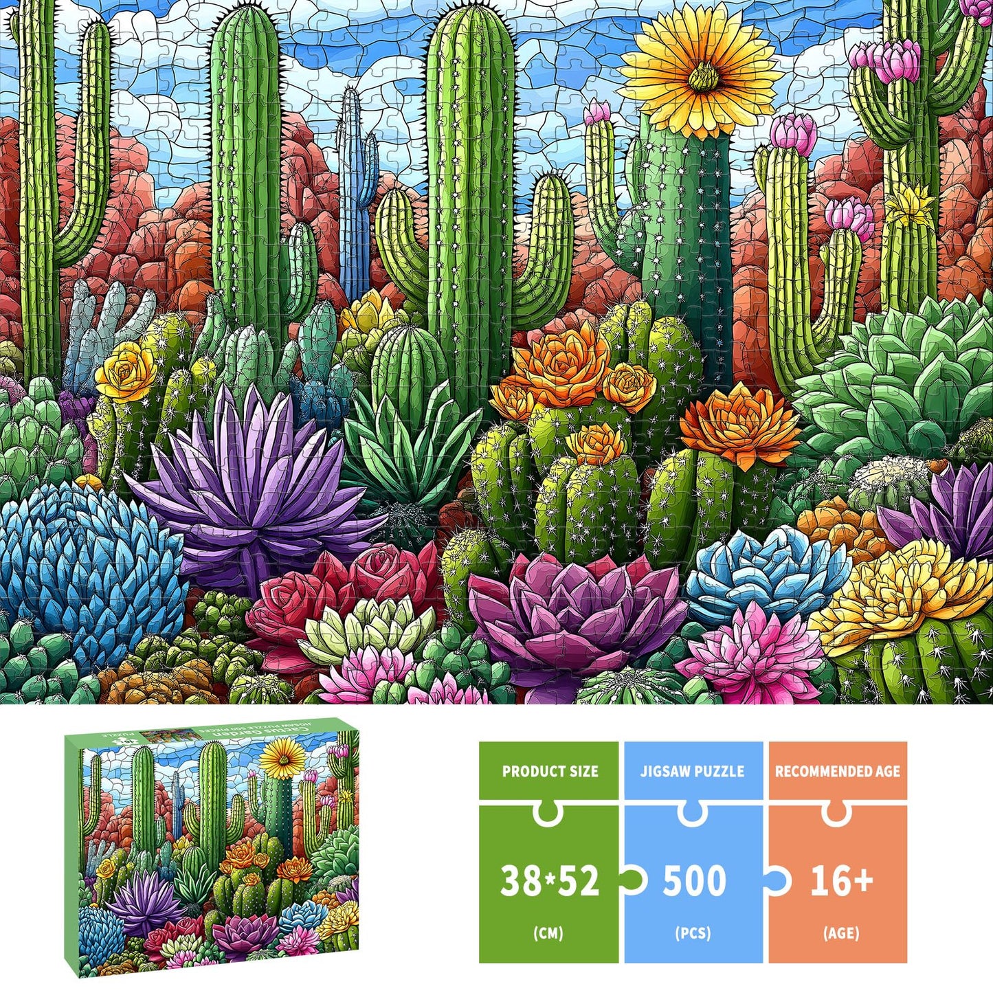 Puzzles for Adults 500 Pieces, Stained Glass Jigsaw Puzzles 500 Pieces - Cactus Garden, Cactus Wall Art Puzzle for Families, Finished Size 20.47 *
