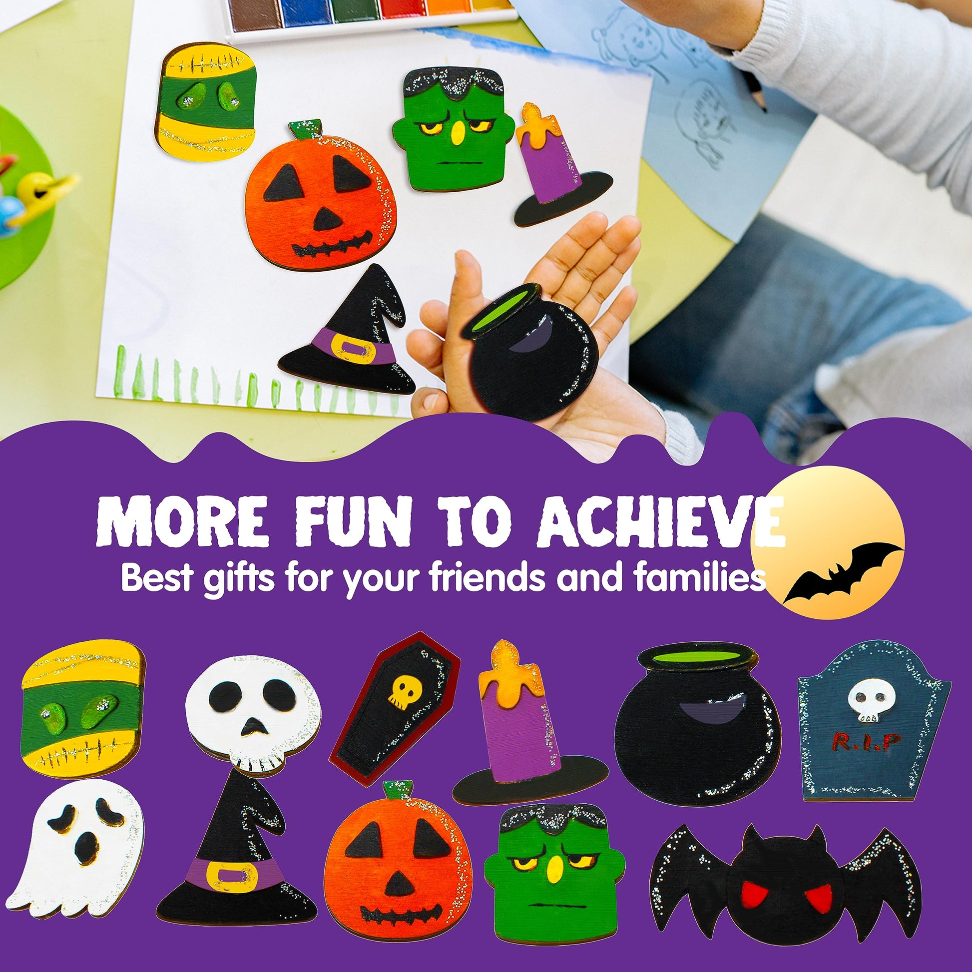 JOYIN 12 pcs Halloween Wooden Painting Crafts Kit, Creativity Painting Kit Includes 2 Color Pens for Kids Paint Gift, Family Activities Party Favor