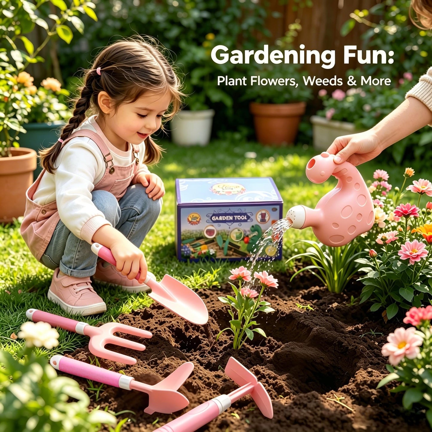 EXBEPE Kids Gardening Tools Set with Watering Can Shovel Pickaxe Hoe Fork- Outdoor Backyard Planting and Sand Beach Toy Kit Planting Sandbox Play Gift
