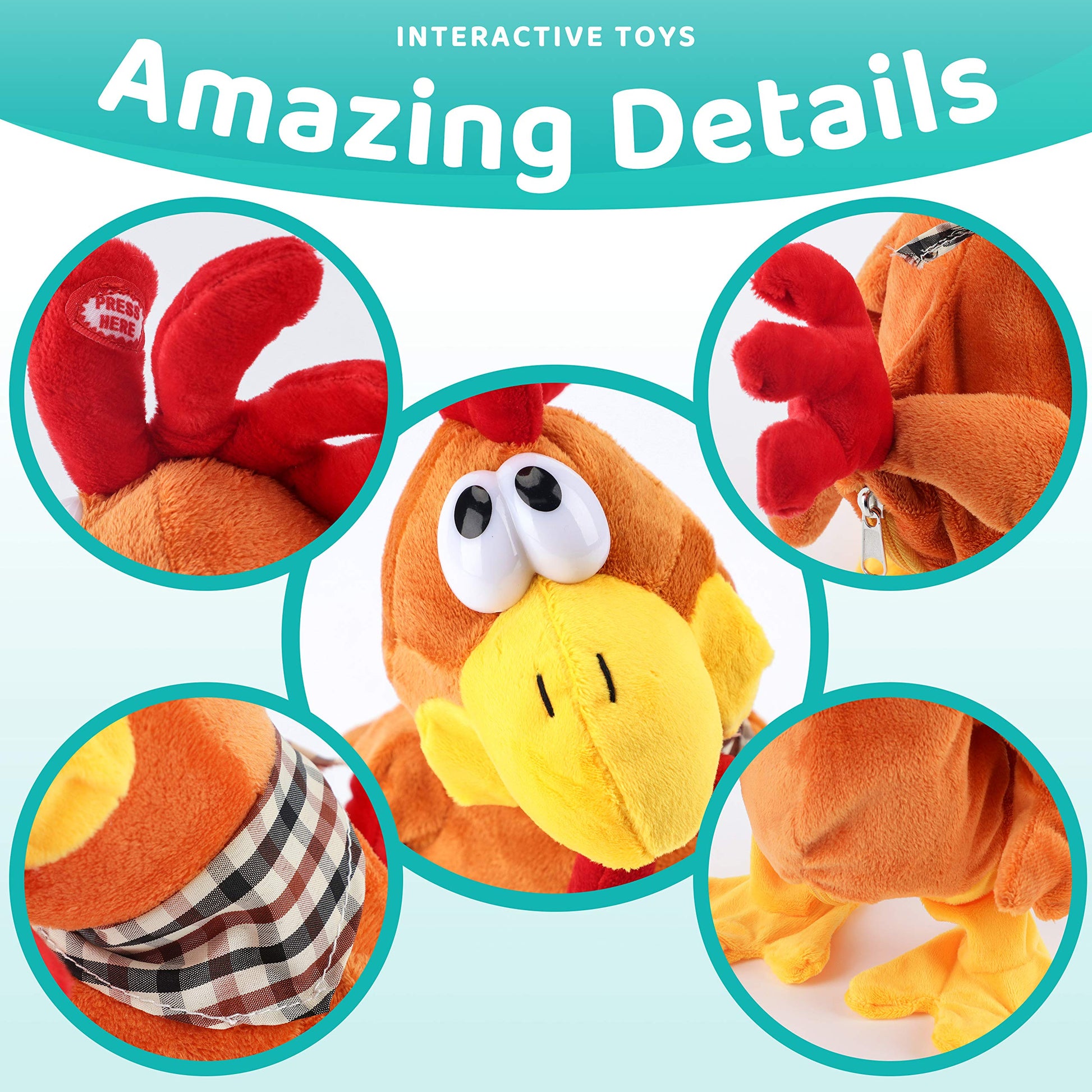 Cuteoy 13" Squawking Chicken Musical Stuffed Animal Plushies Walking Singing Waving Rooster Electronic Interactive Plush Toy for Kids Boys Girls